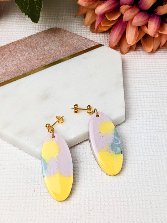 Resin Dangle Earrings No Waste Oval Shaped in Pink, Yellow and Blue with Gold Plated ball studs