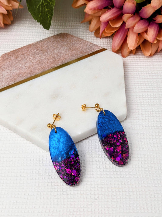 Resin Dangle Earrings - Oval shaped with Blue Glitter