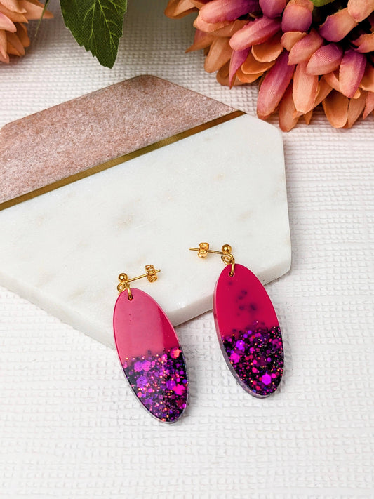 "Mae" Oval Pink Glitter Resin Dangle Earrings