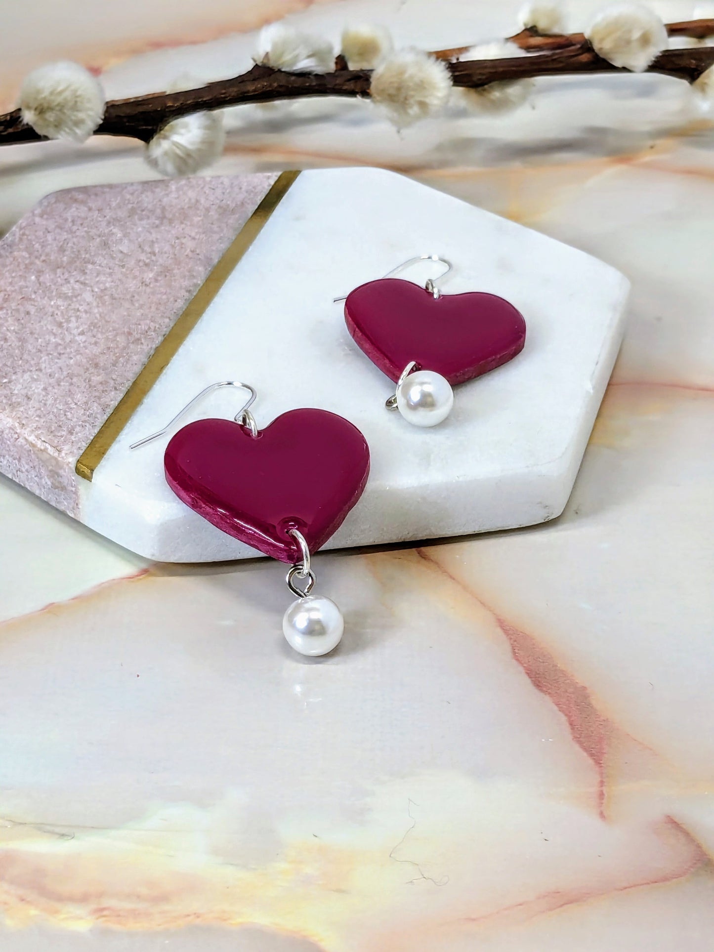 Polymer Clay Dangle Earrings Handmade Heart Romantic Boho Jewellery