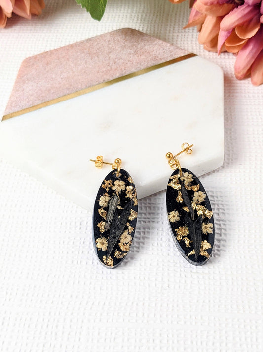 Millie Japanese Sambuca Real Flower Earrings - Gold Leaf Handmade UK