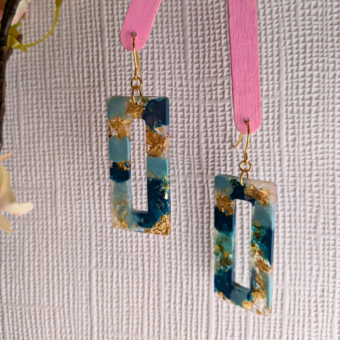 Nora Teal & Gold Glitter Rectangle Cutout Resin Dangle Earrings - Gold Plated - Handmade Yorkshire