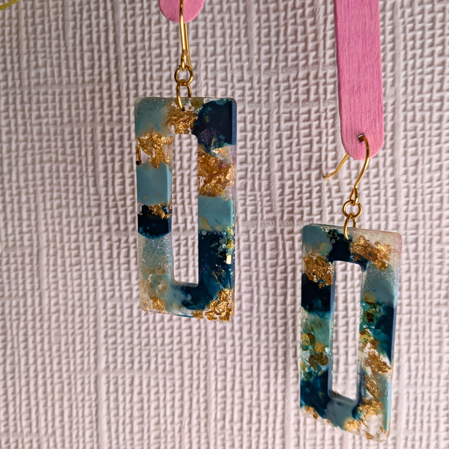 Nora Teal & Gold Glitter Rectangle Cutout Resin Dangle Earrings - Gold Plated - Handmade Yorkshire