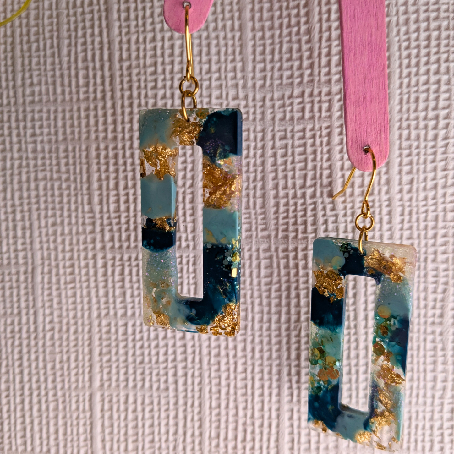 Nora Teal & Gold Glitter Rectangle Cutout Resin Dangle Earrings - Gold Plated - Handmade Yorkshire