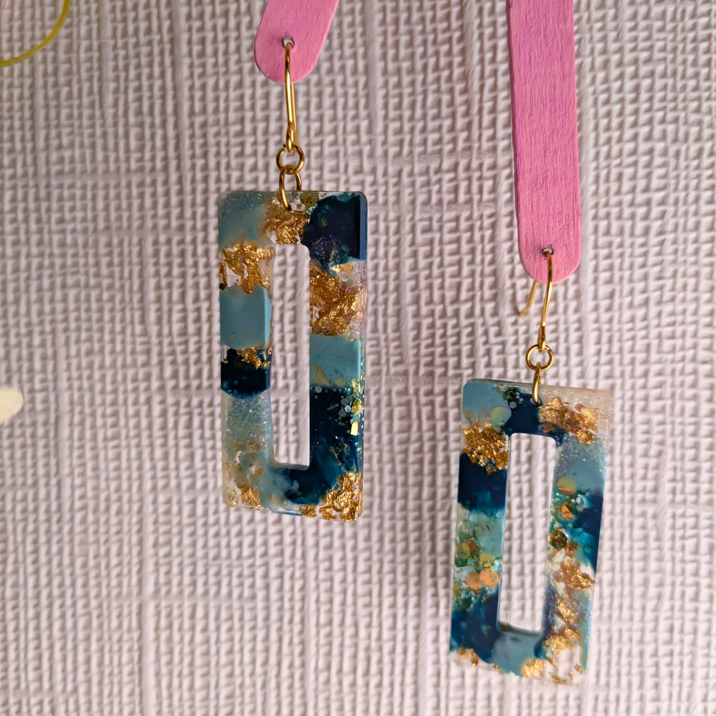 Nora Teal & Gold Glitter Rectangle Cutout Resin Dangle Earrings - Gold Plated - Handmade Yorkshire