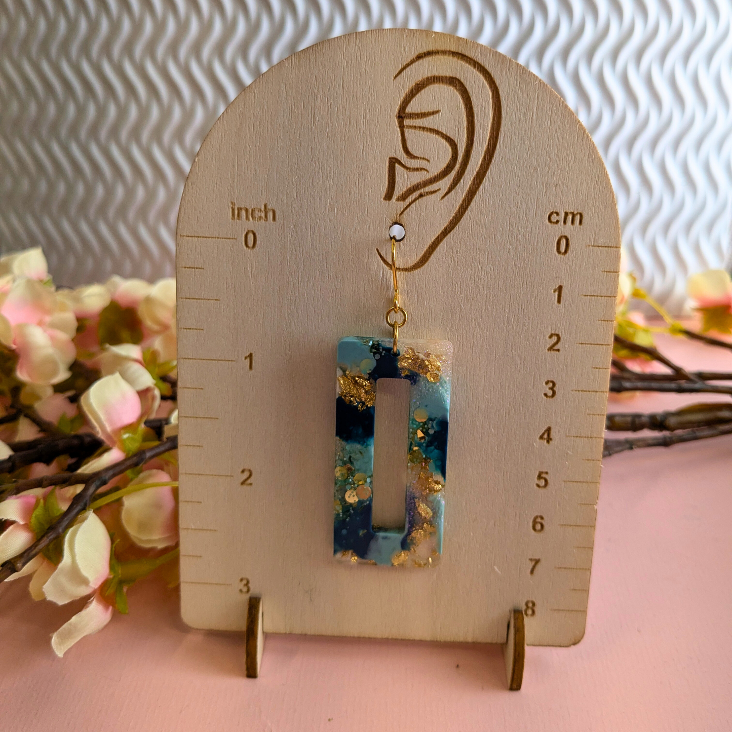 Nora Teal & Gold Glitter Rectangle Cutout Resin Dangle Earrings - Gold Plated - Handmade Yorkshire
