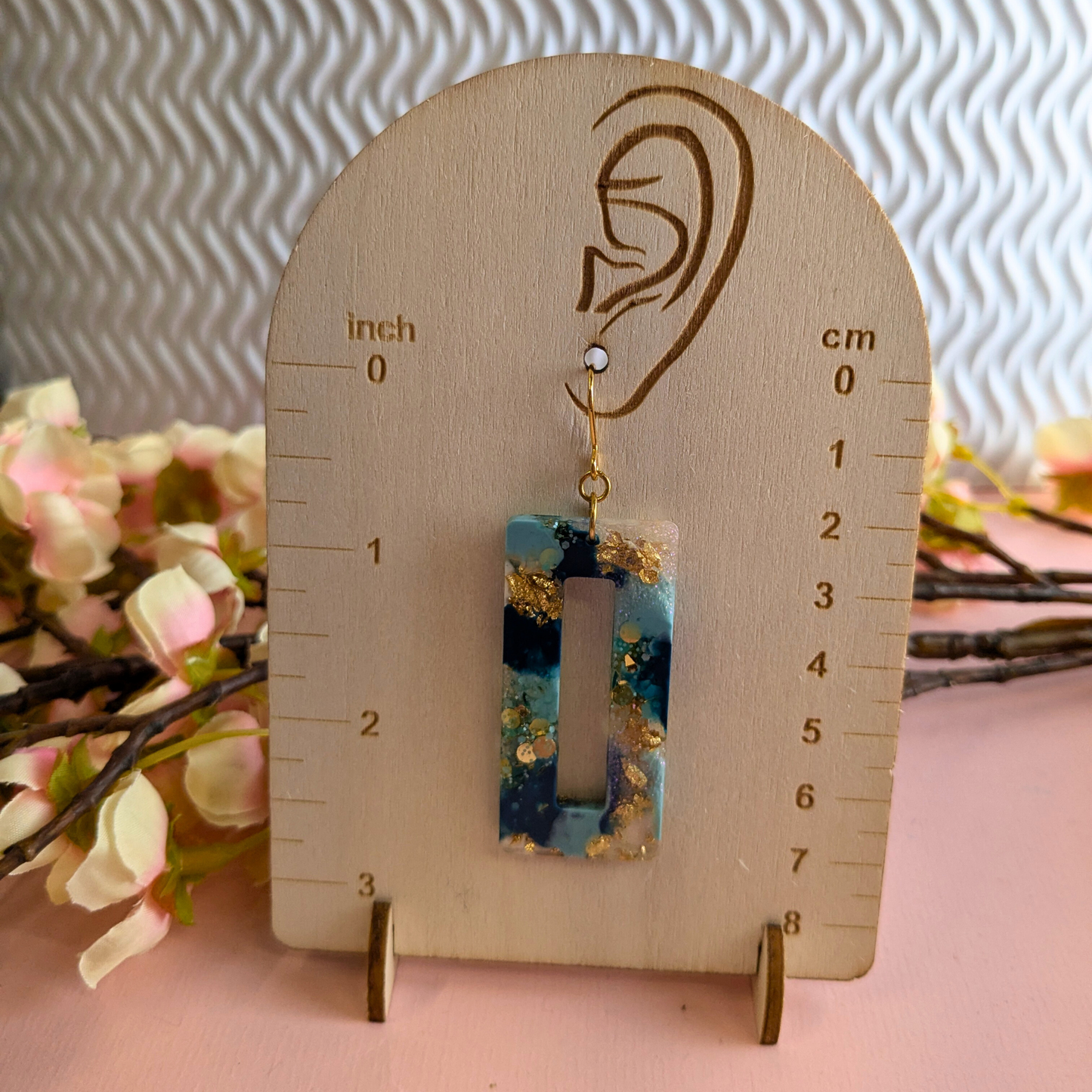 Nora Teal & Gold Glitter Rectangle Cutout Resin Dangle Earrings - Gold Plated - Handmade Yorkshire