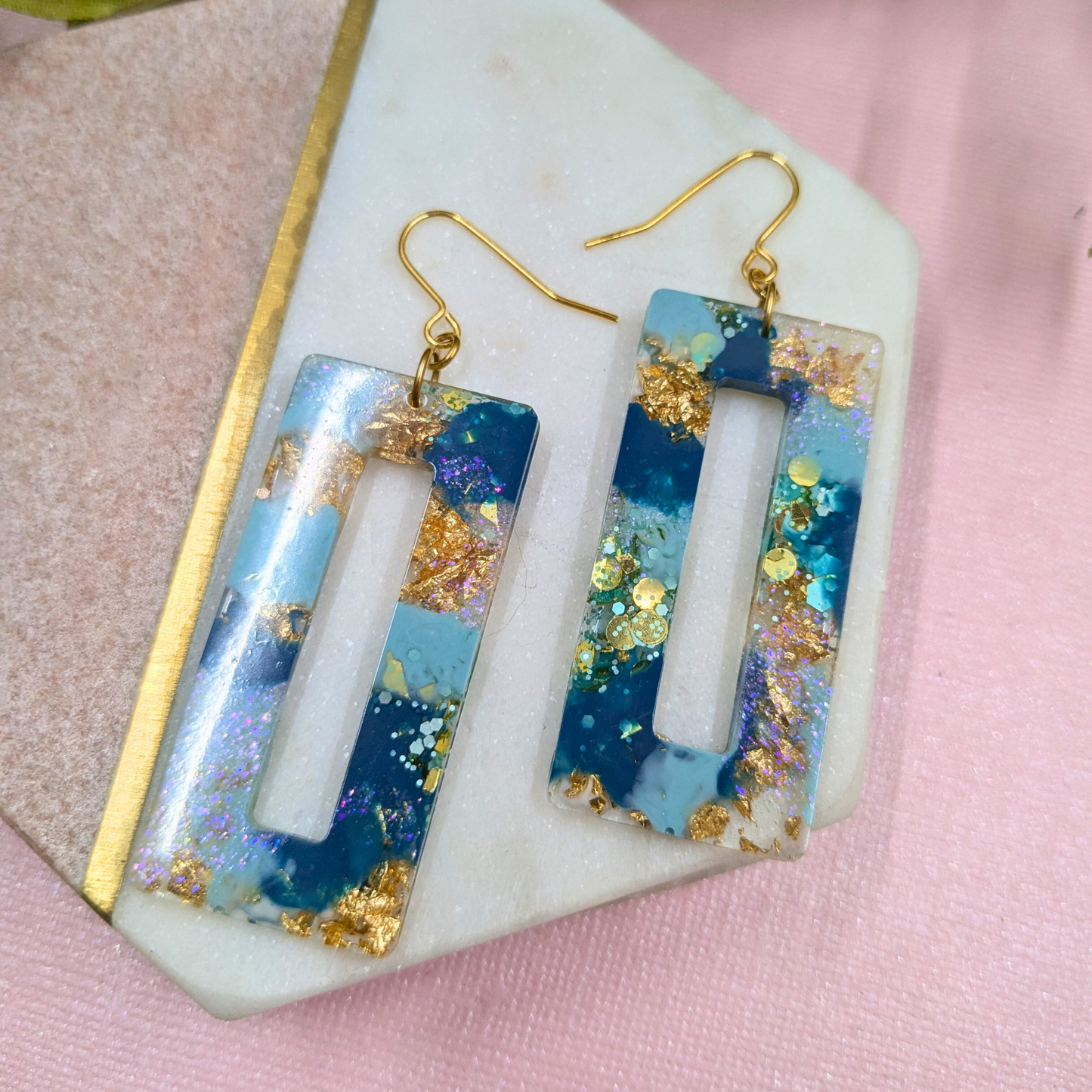 Nora Teal & Gold Glitter Rectangle Cutout Resin Dangle Earrings - Gold Plated - Handmade Yorkshire
