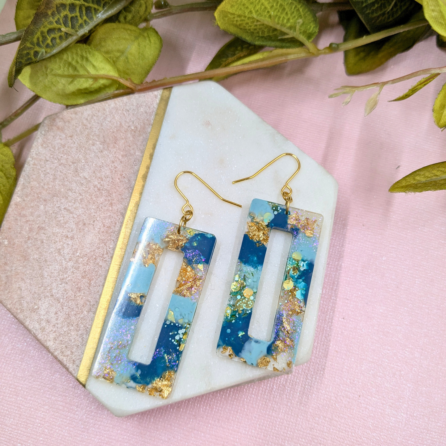 Nora Teal & Gold Glitter Rectangle Cutout Resin Dangle Earrings - Gold Plated - Handmade Yorkshire