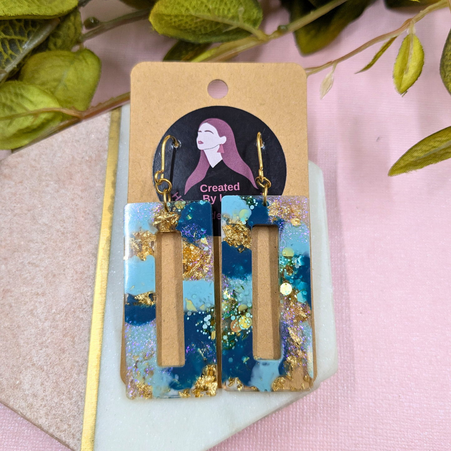 Nora Teal & Gold Glitter Rectangle Cutout Resin Dangle Earrings - Gold Plated - Handmade Yorkshire