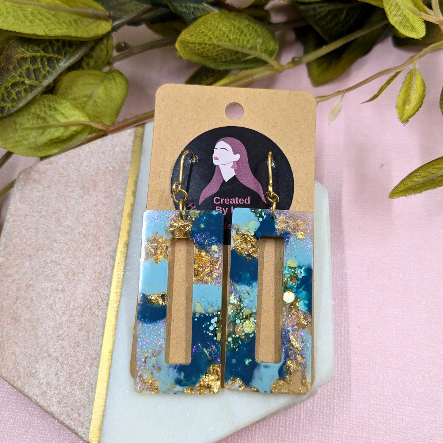Nora Teal & Gold Glitter Rectangle Cutout Resin Dangle Earrings - Gold Plated - Handmade Yorkshire