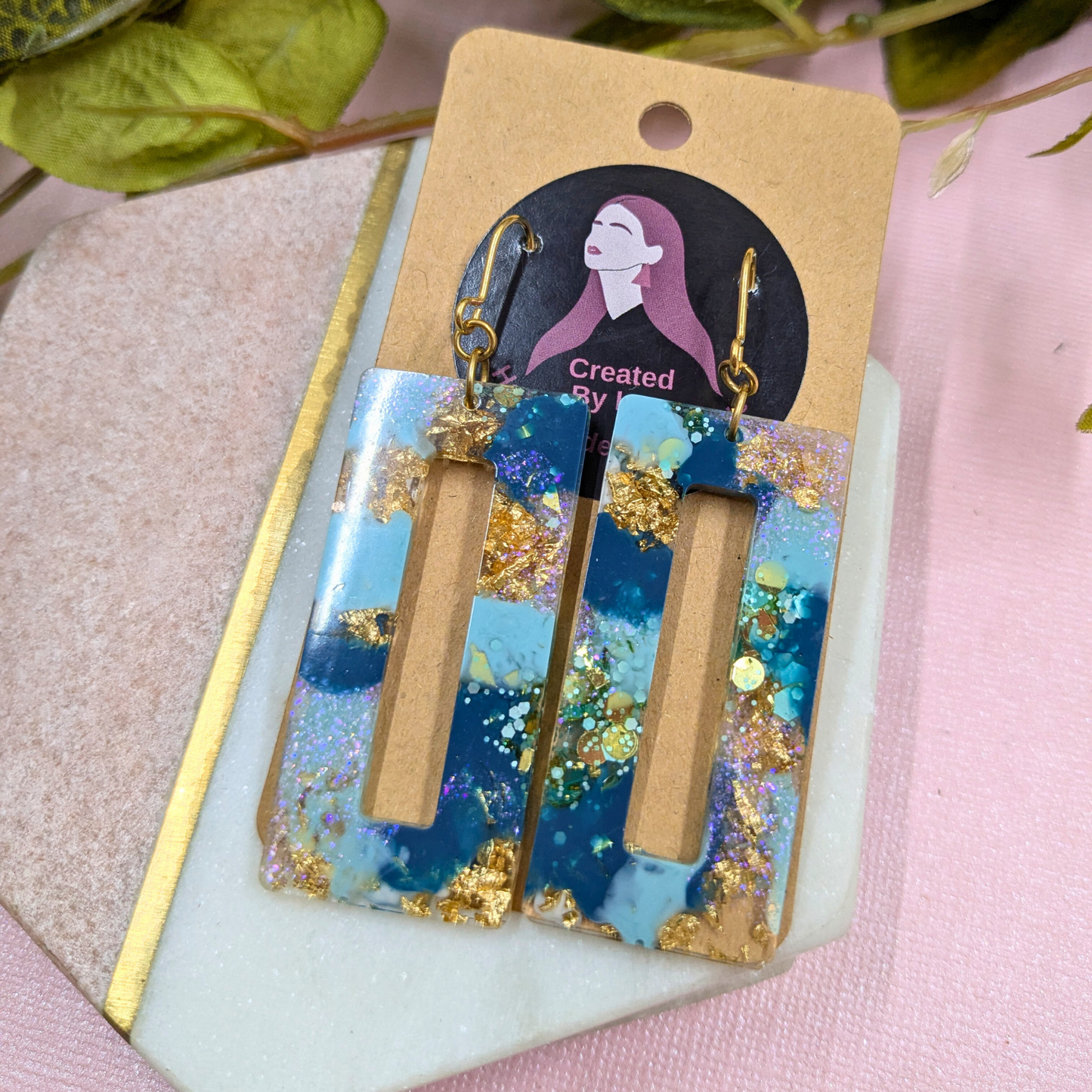 Nora Teal & Gold Glitter Rectangle Cutout Resin Dangle Earrings - Gold Plated - Handmade Yorkshire