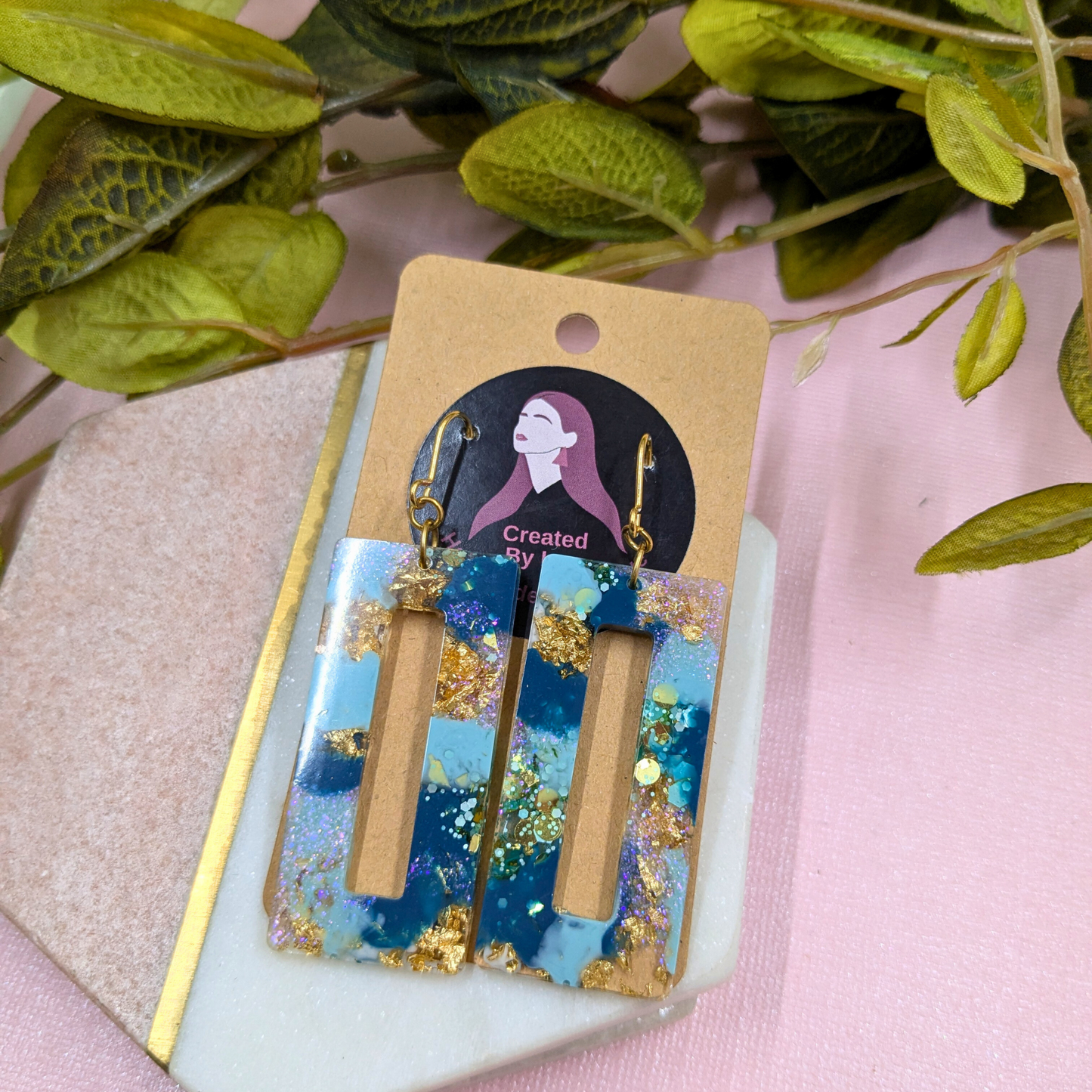 Nora Teal & Gold Glitter Rectangle Cutout Resin Dangle Earrings - Gold Plated - Handmade Yorkshire