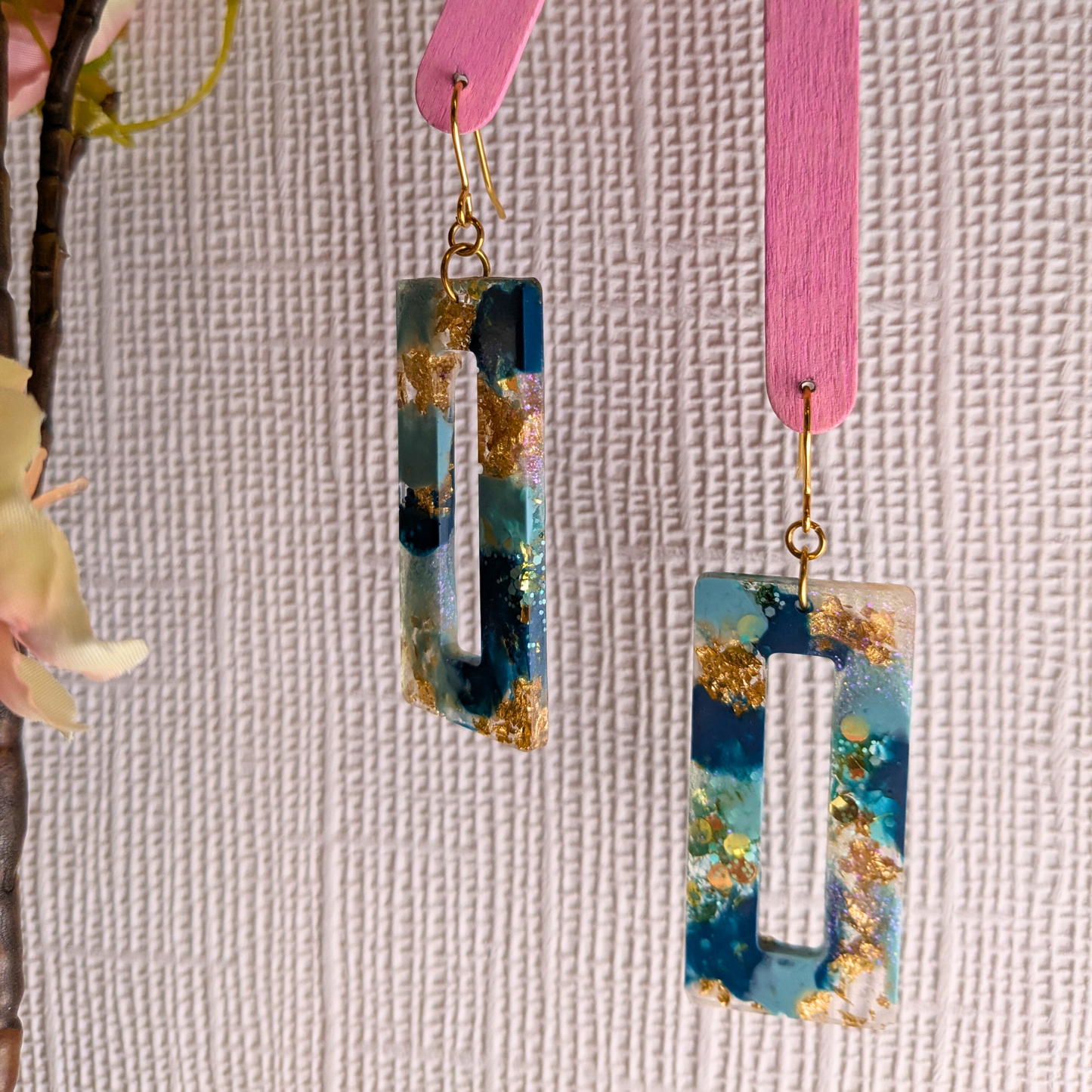 Nora Teal & Gold Glitter Rectangle Cutout Resin Dangle Earrings - Gold Plated - Handmade Yorkshire