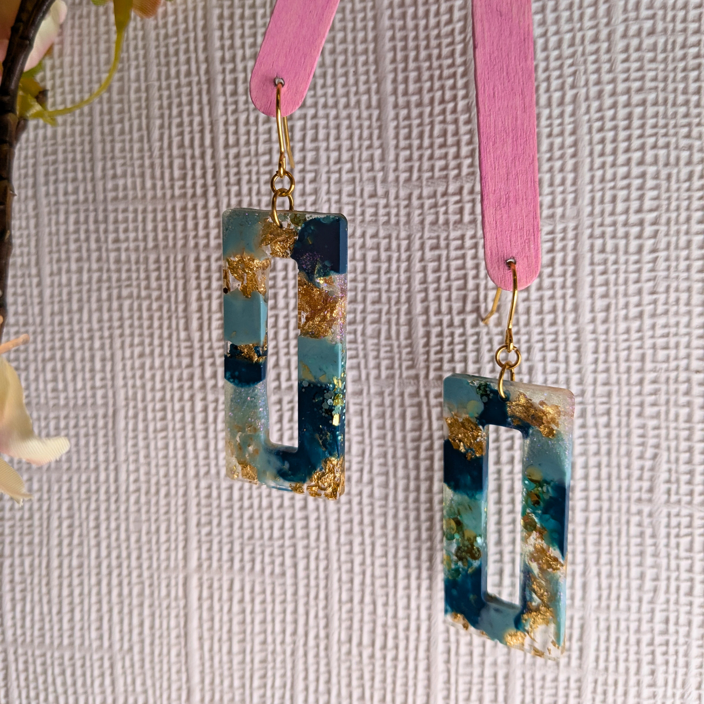 Nora Teal & Gold Glitter Rectangle Cutout Resin Dangle Earrings - Gold Plated - Handmade Yorkshire