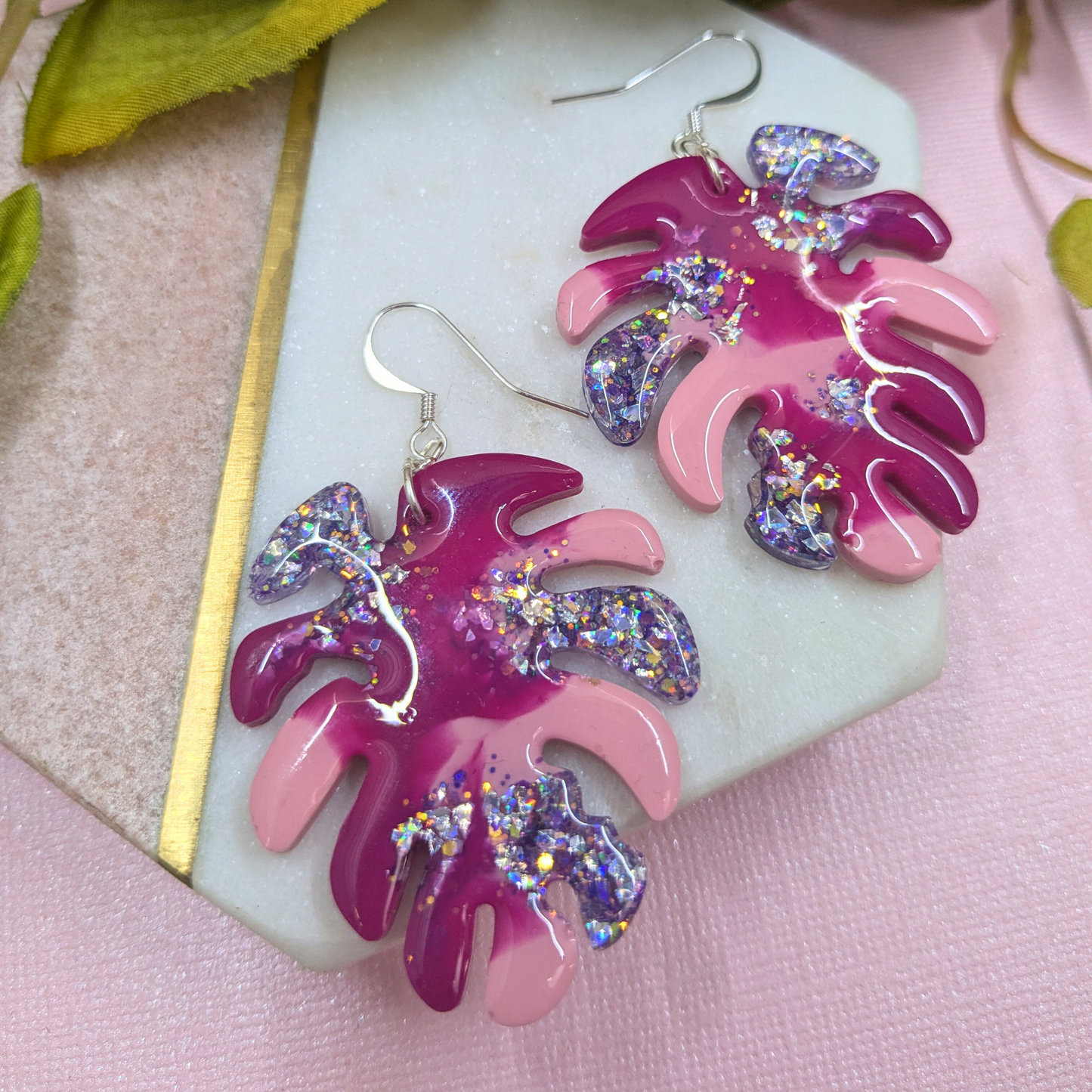 "Nyla" Pink Coloured with Lilac Glitter Leaf Earrings