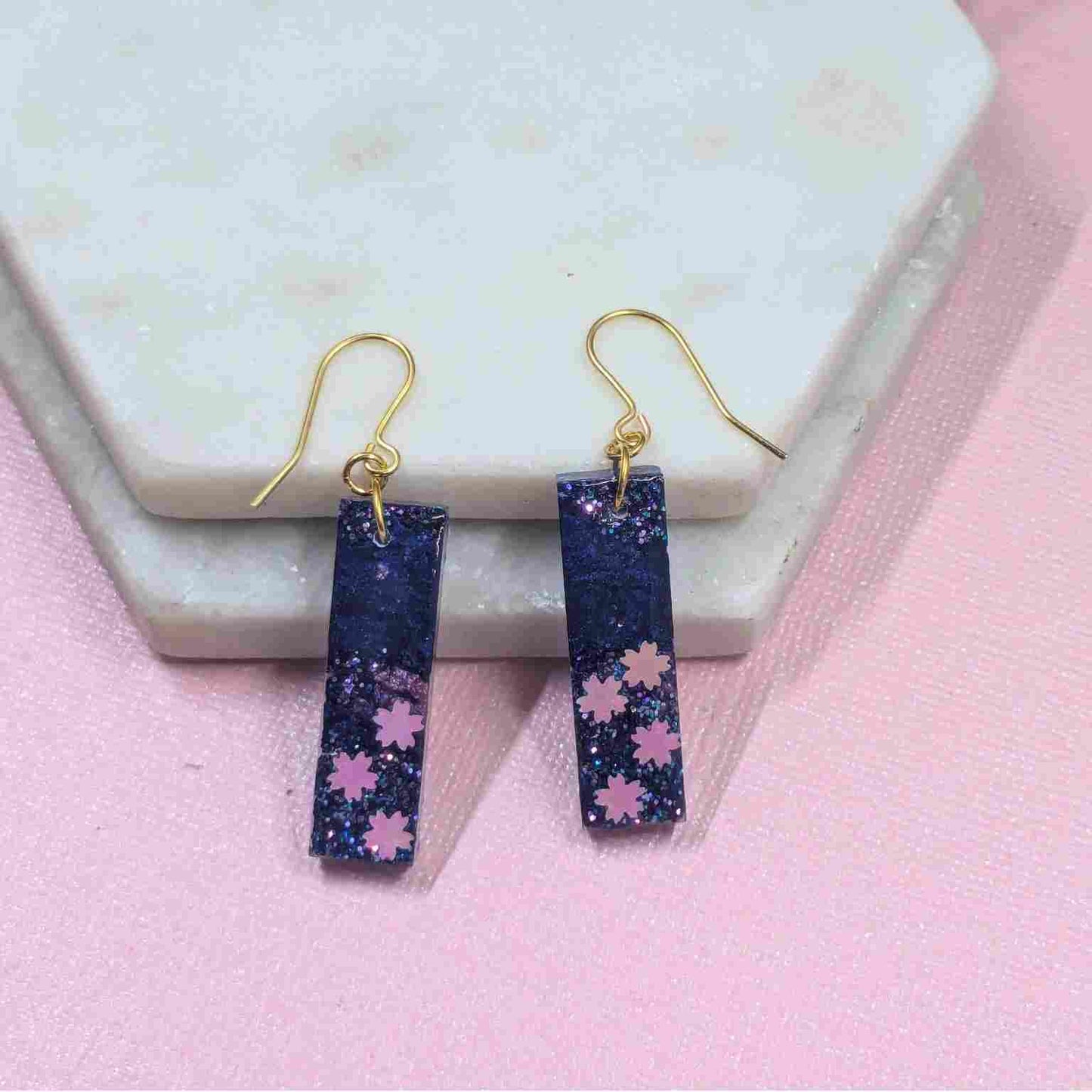 Odette Blue, Pink & White Flower Glitter Dangle Earrings - Handmade UK
