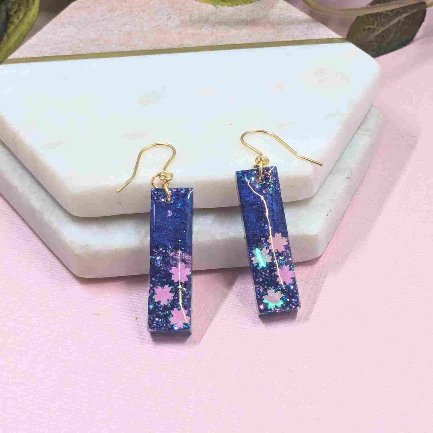Odette Blue, Pink & White Flower Glitter Dangle Earrings - Handmade UK