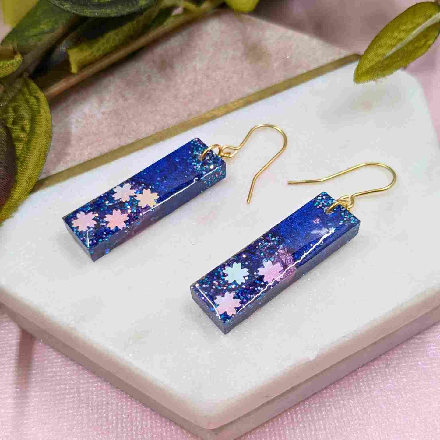 Odette Blue, Pink & White Flower Glitter Dangle Earrings - Handmade UK