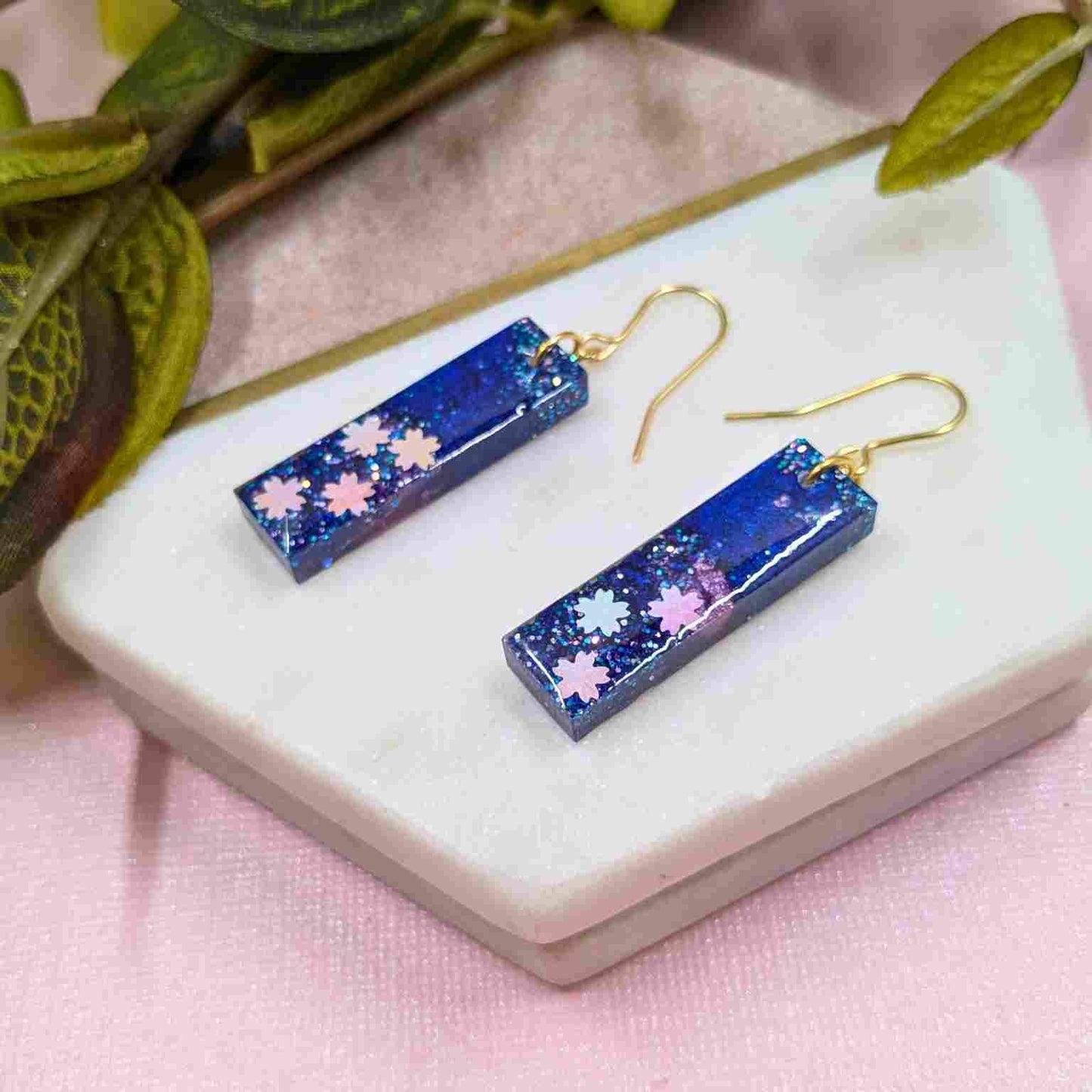 Odette Blue, Pink & White Flower Glitter Dangle Earrings - Handmade UK