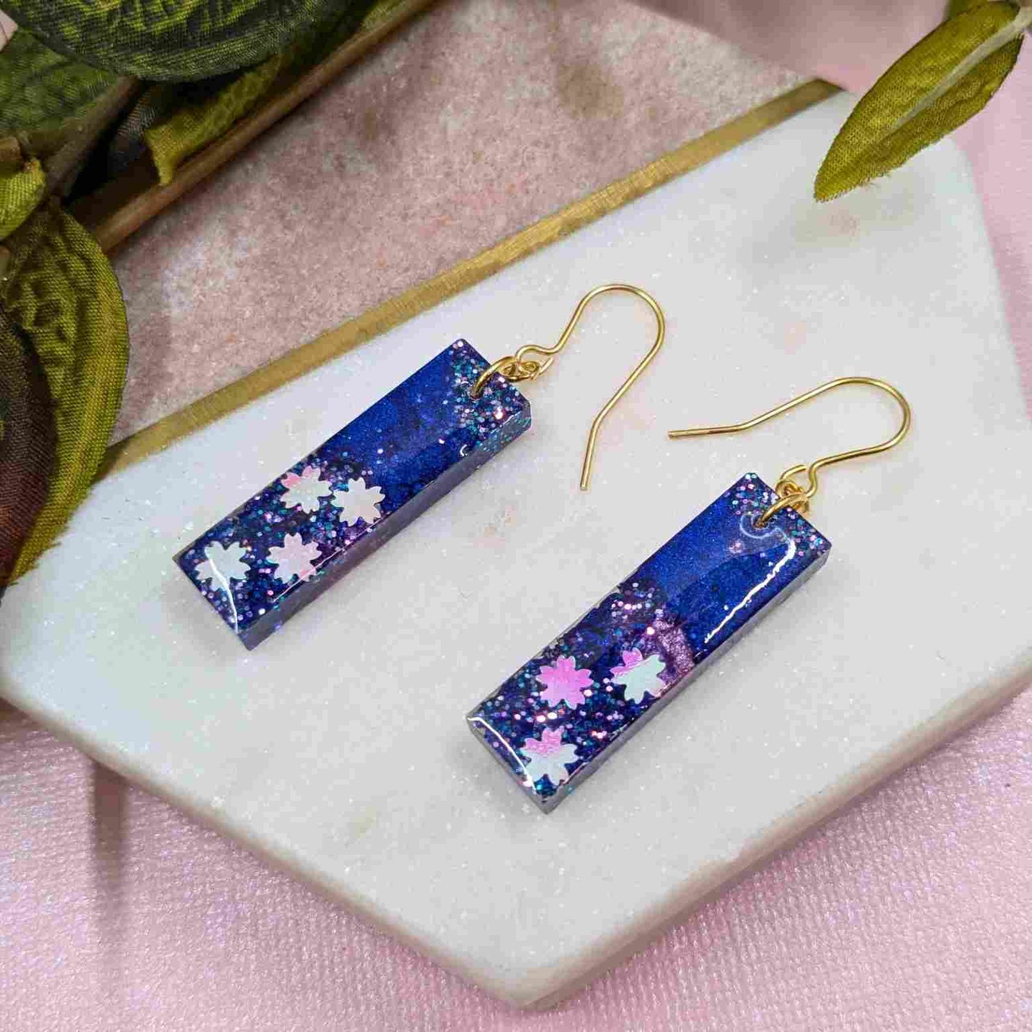 Odette Blue, Pink & White Flower Glitter Dangle Earrings - Handmade UK
