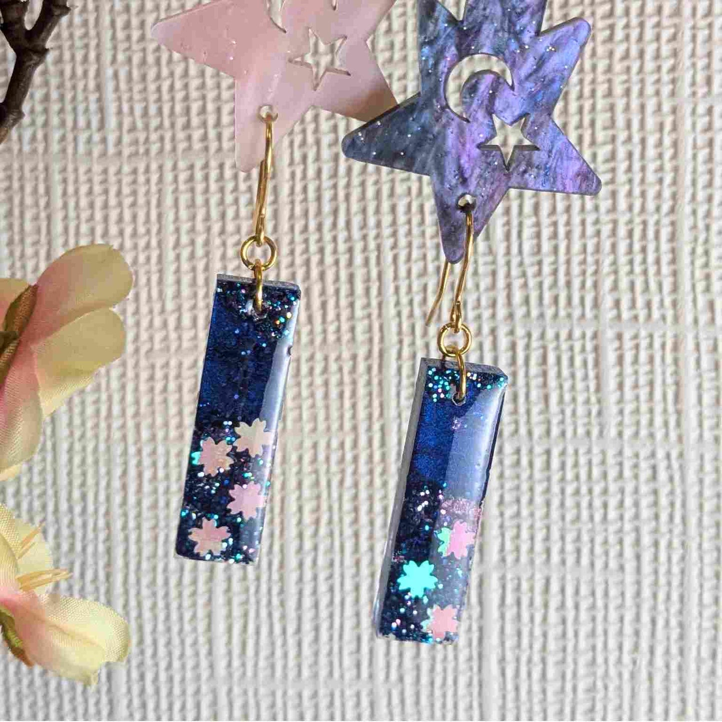 Odette Blue, Pink & White Flower Glitter Dangle Earrings - Handmade UK