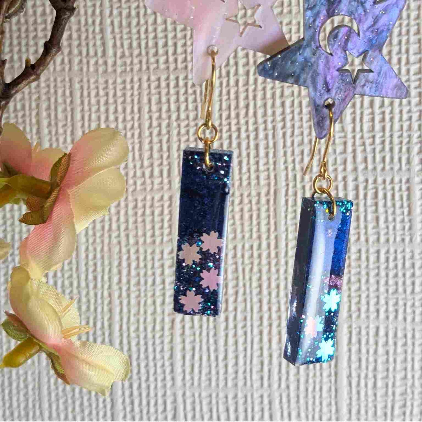 Odette Blue, Pink & White Flower Glitter Dangle Earrings - Handmade UK