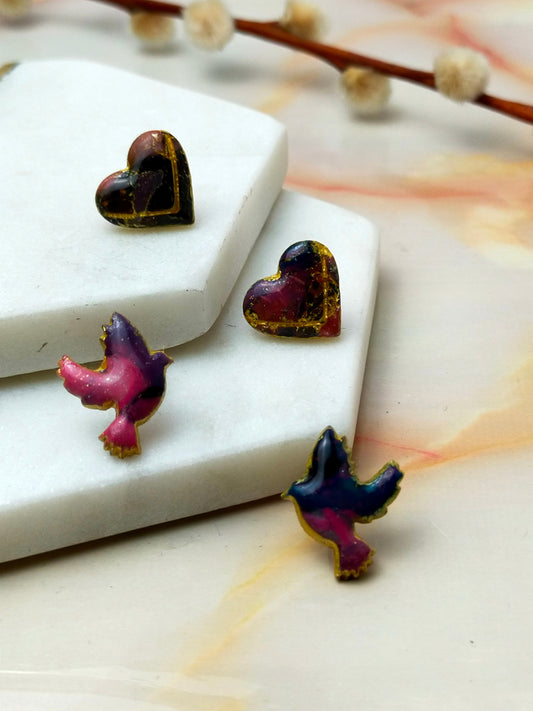 Polymer Clay Love Bird and Love Hearts Stud Earrings