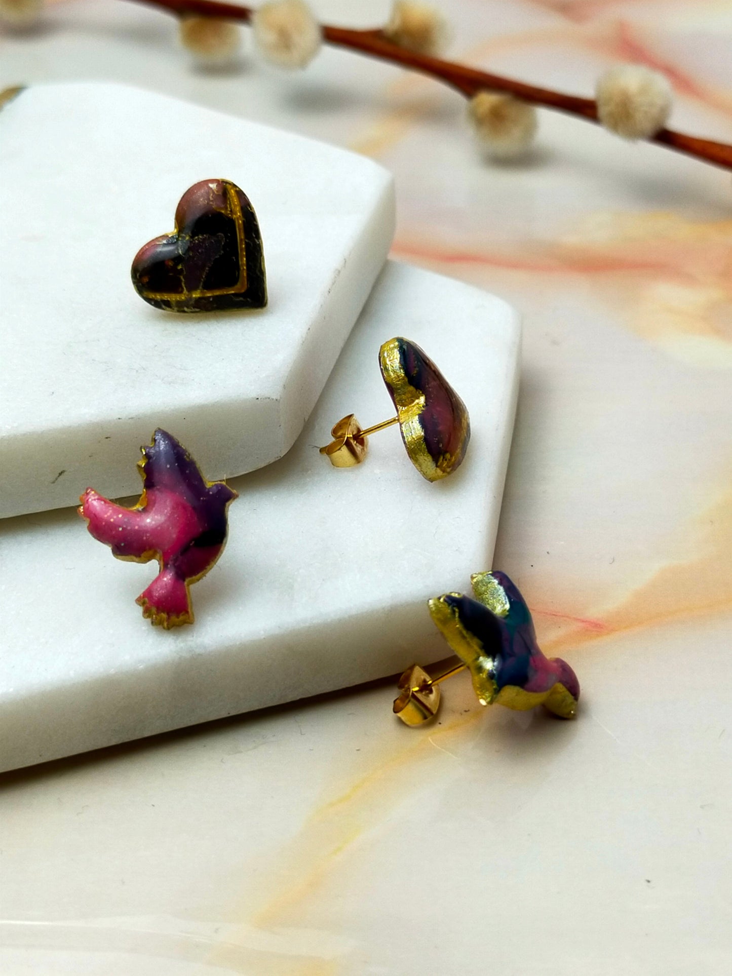Polymer Clay Love Bird and Love Hearts Stud Earrings