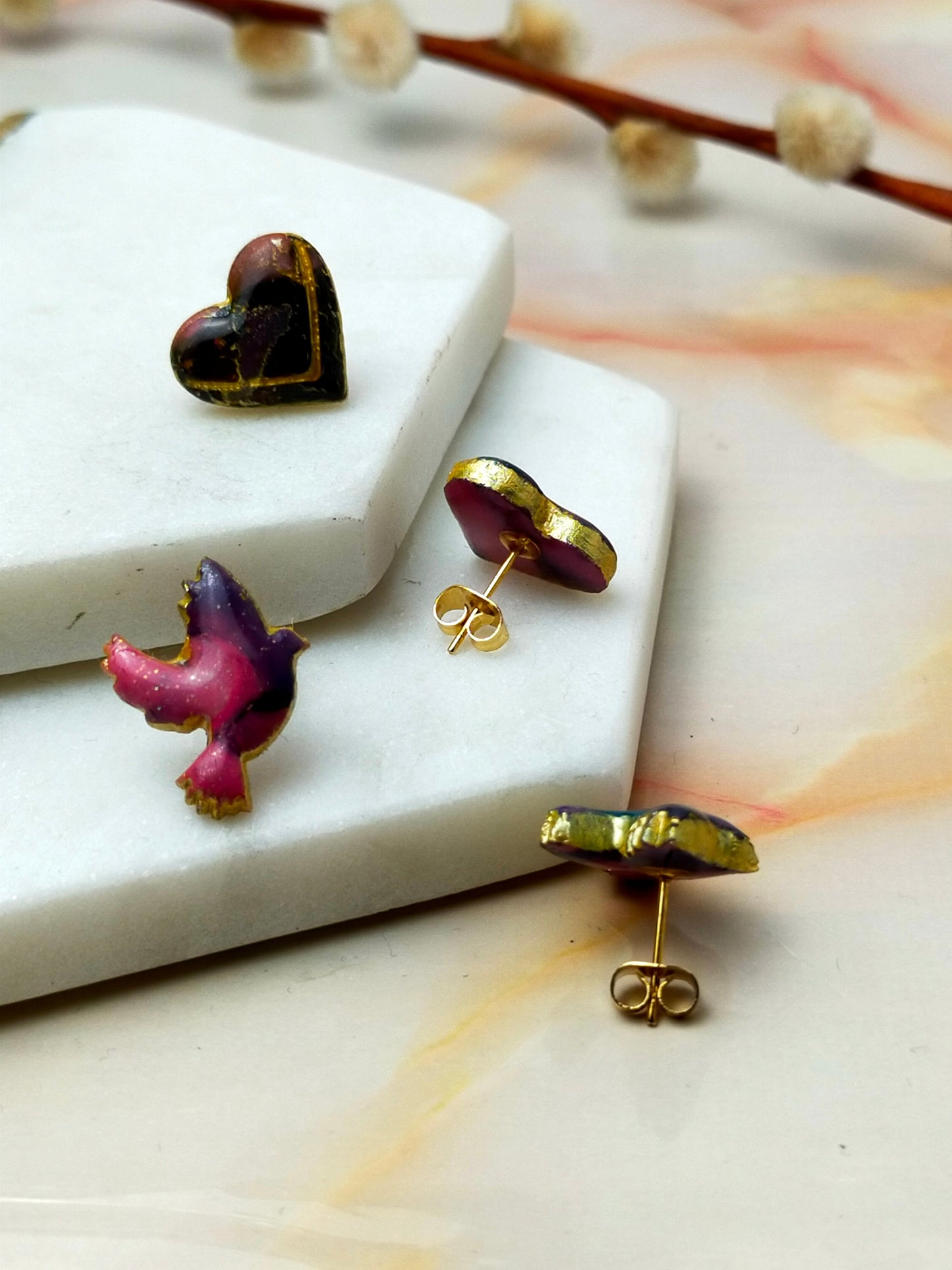 Polymer Clay Love Bird and Love Hearts Stud Earrings