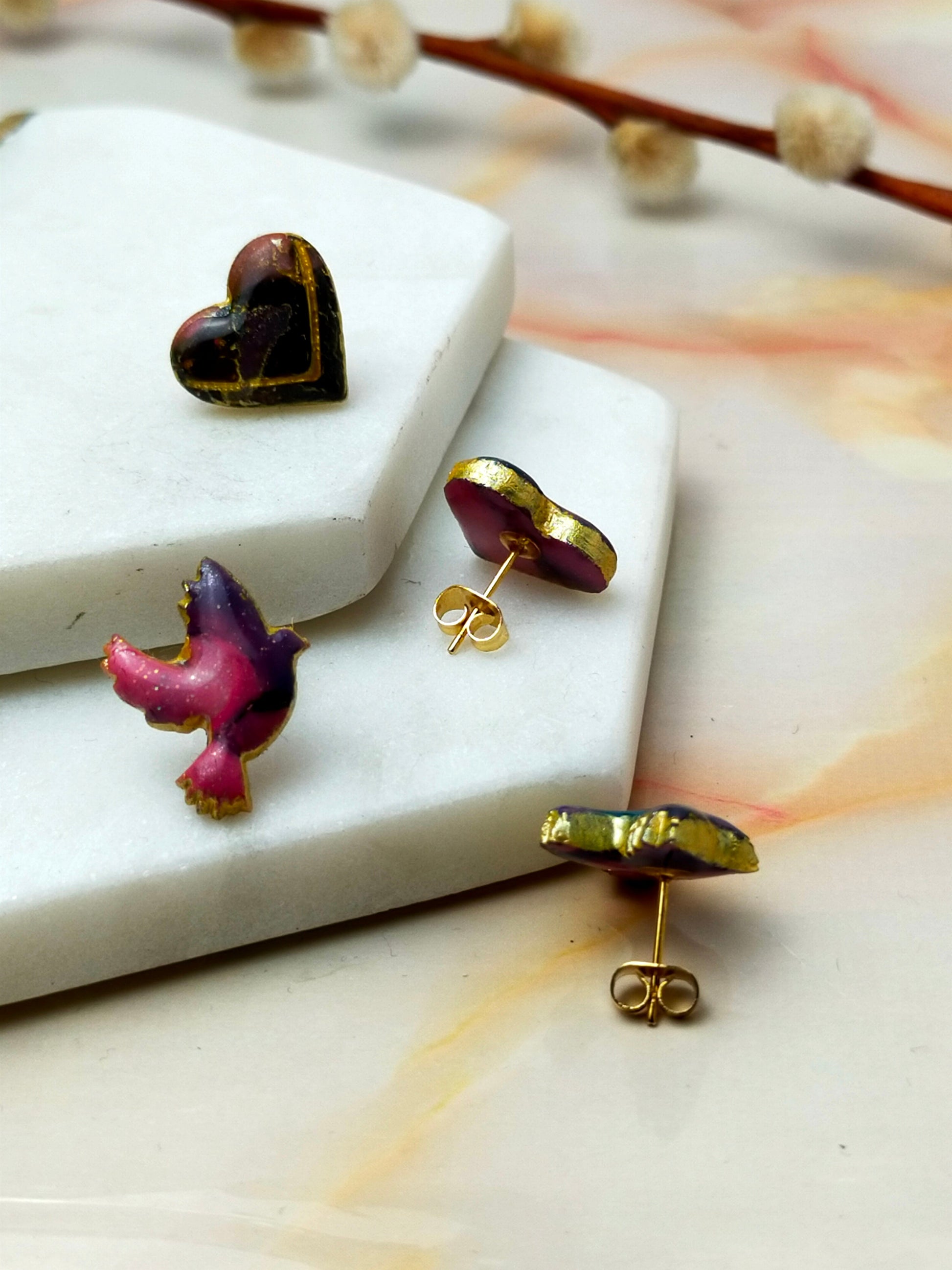 Polymer Clay Love Bird and Love Hearts Stud Earrings