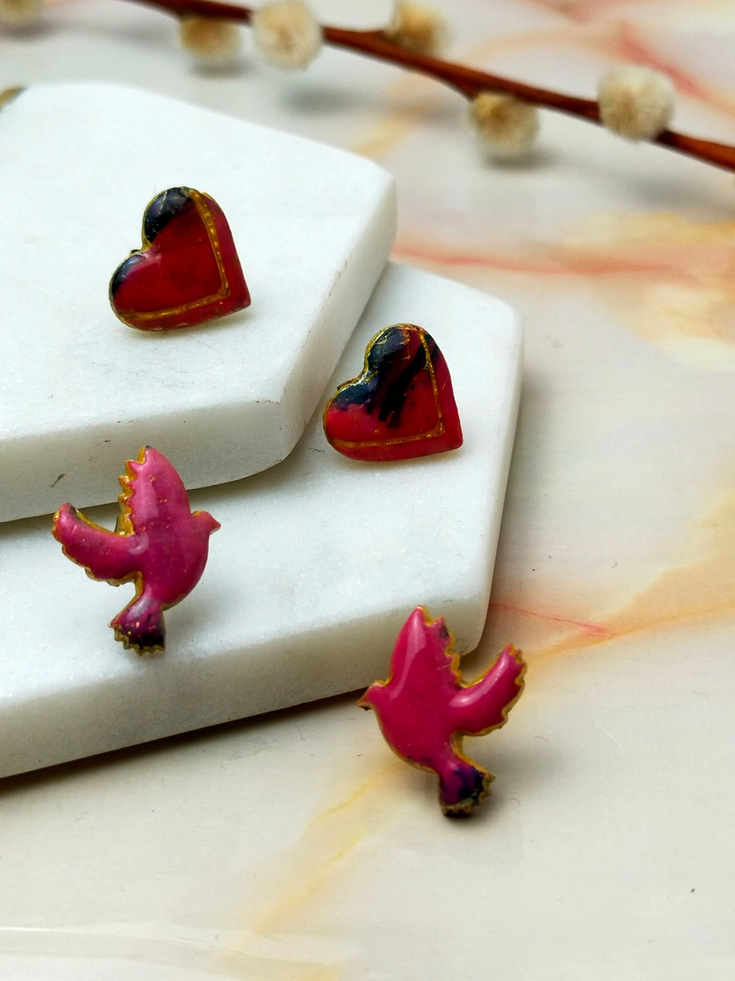 Polymer Clay Love Bird and Love Hearts Stud Earrings