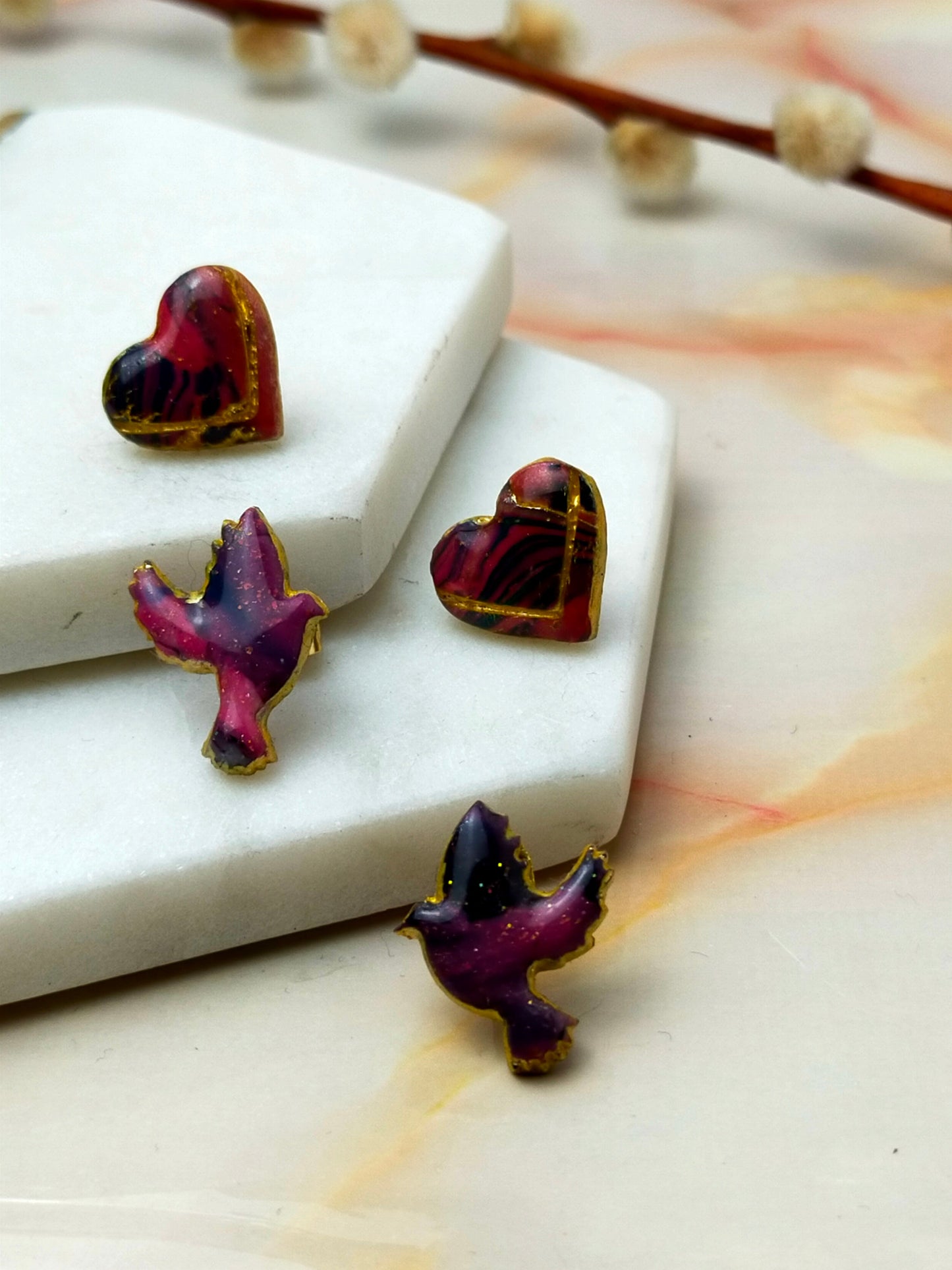 Polymer Clay Love Bird and Love Hearts Stud Earrings