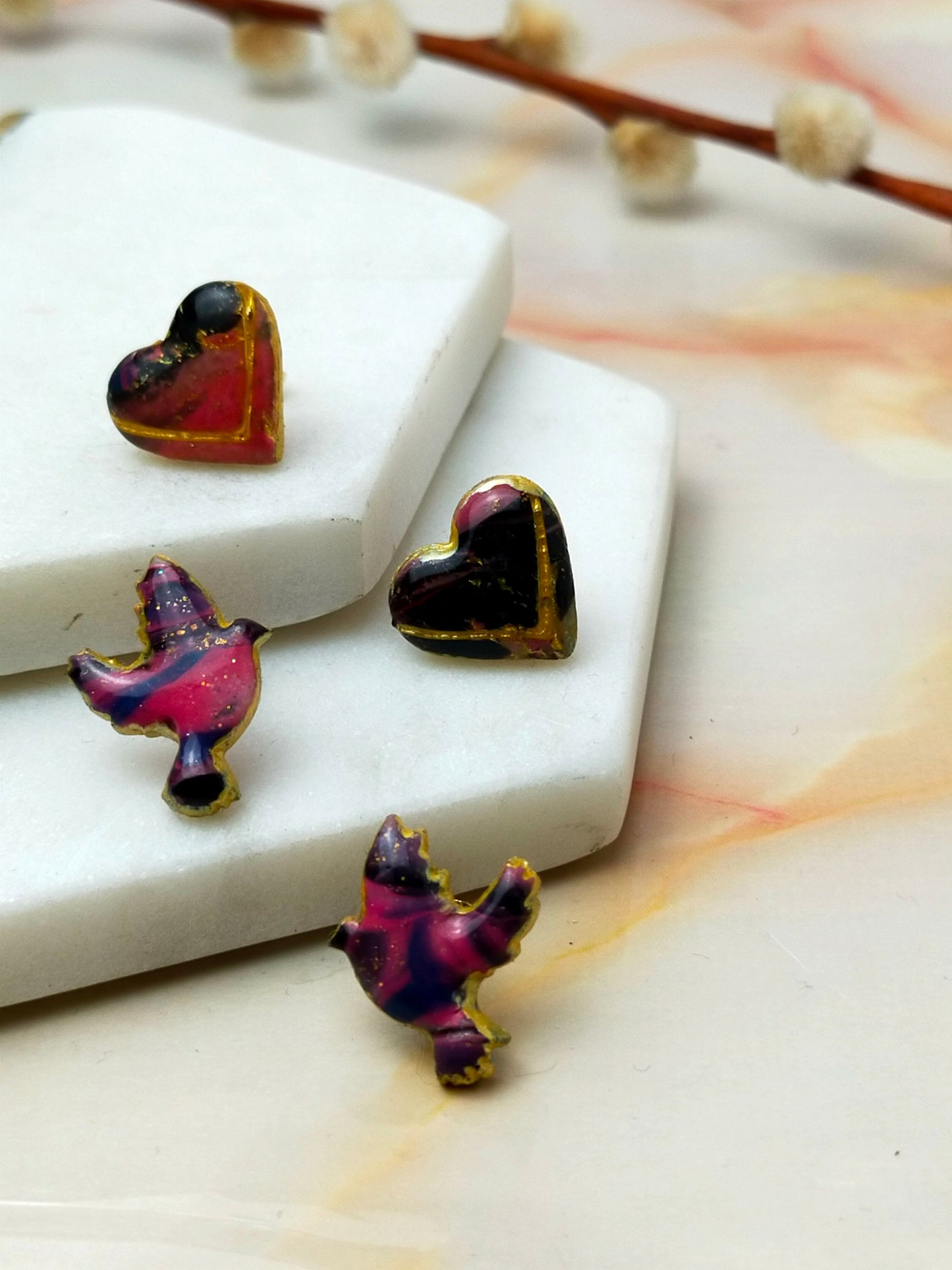 Polymer Clay Love Bird and Love Hearts Stud Earrings