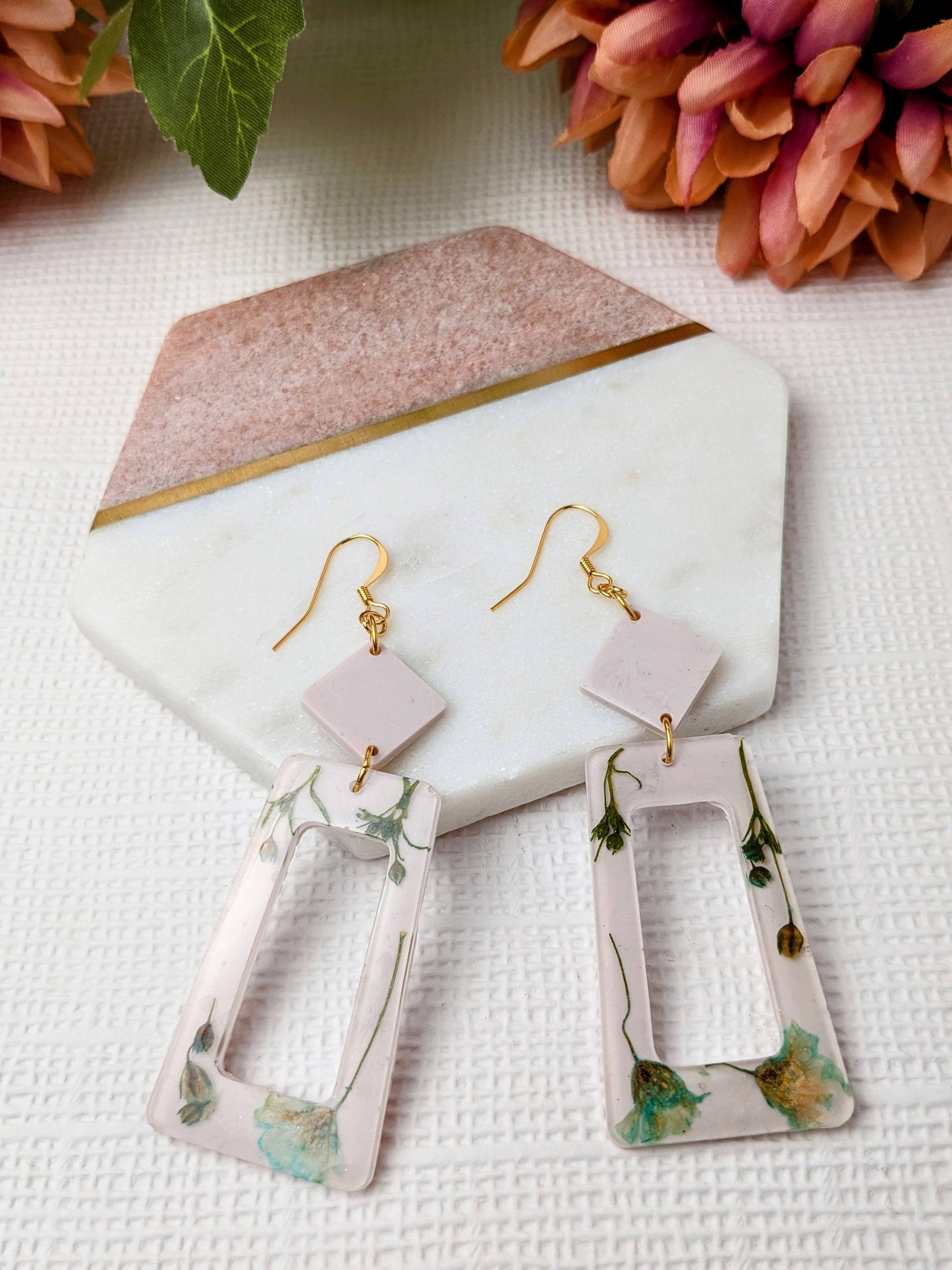 "Parker" Blue Stem Real Flowers on Cream Dangle Earrings