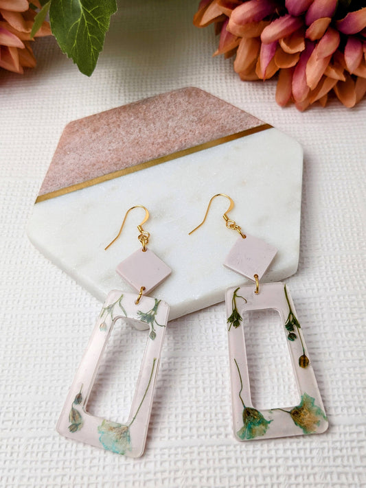 "Parker" Blue Stem Real Flowers on Cream Dangle Earrings