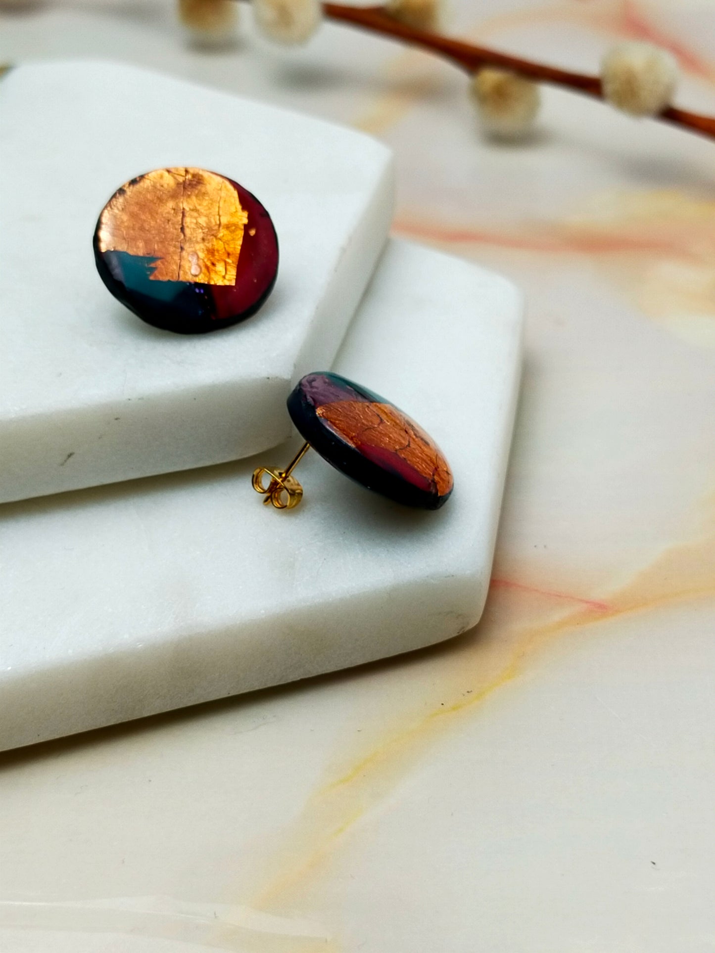 "Poppy" Copper foil Circle Polymer Clay Stud Earrings