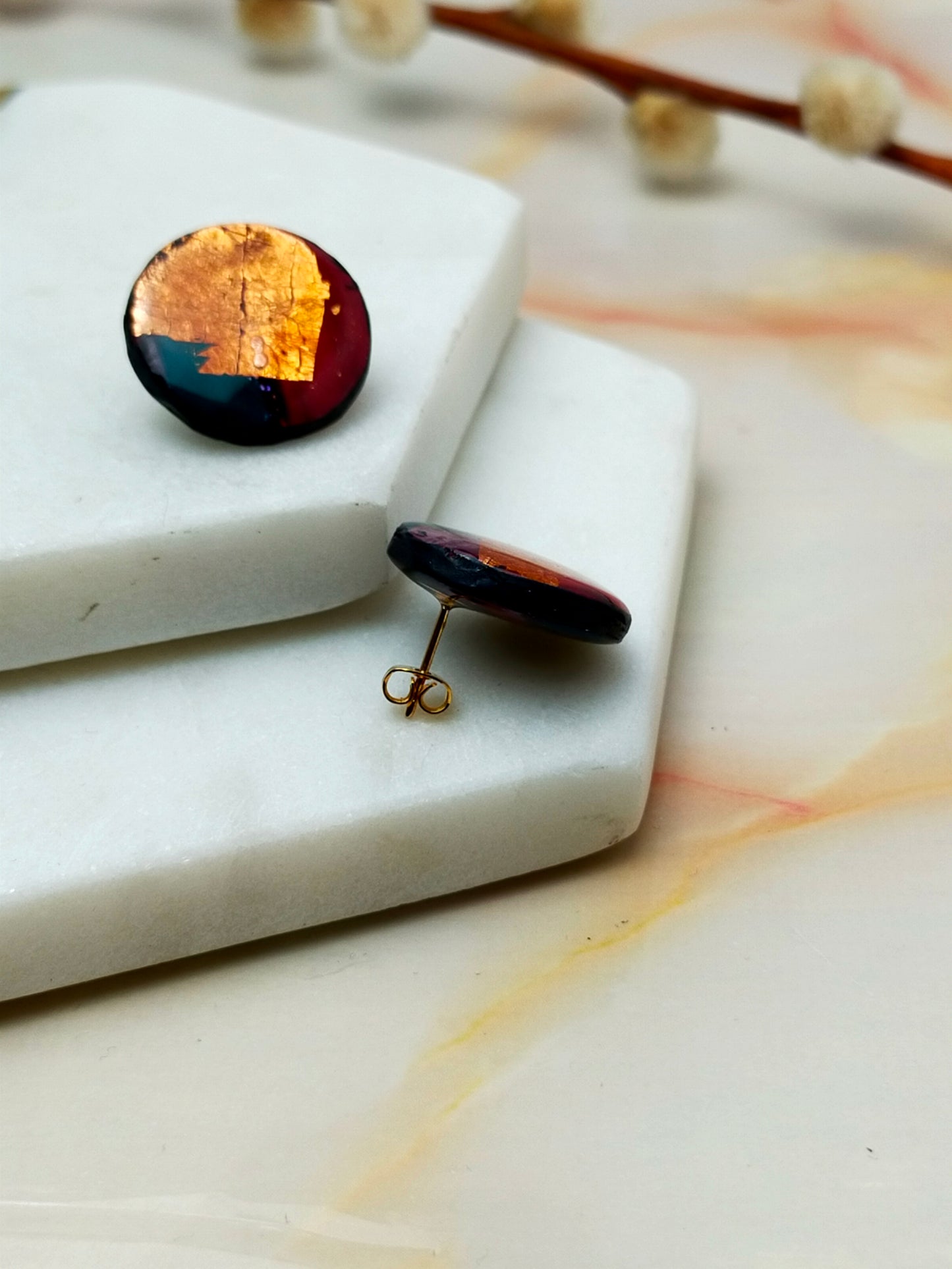"Poppy" Copper foil Circle Polymer Clay Stud Earrings