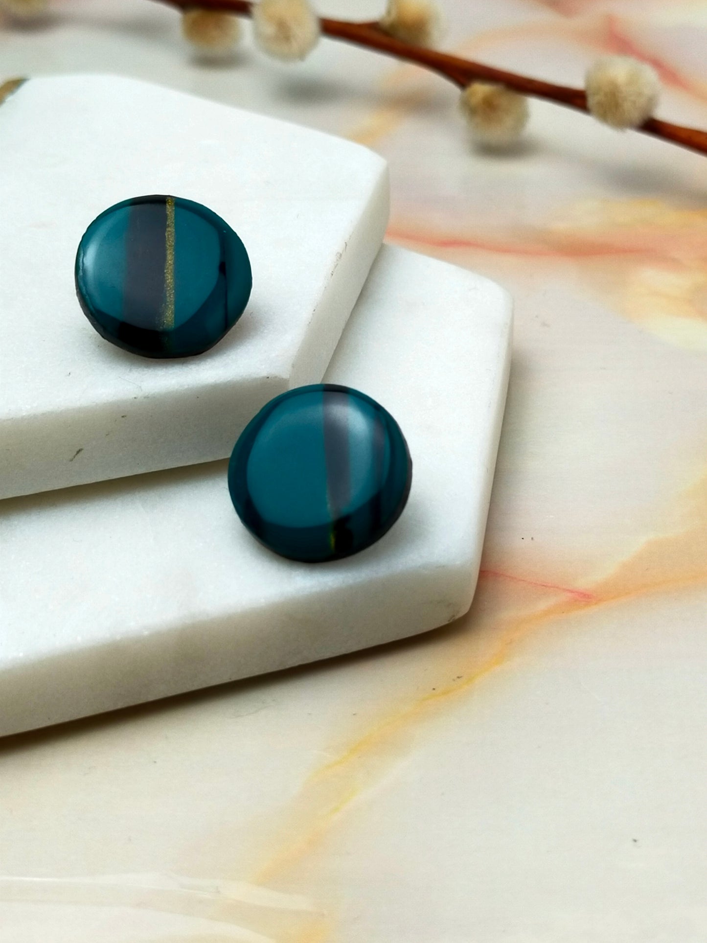 "Poppy" Green Black and Gold Circle Polymer Clay Studs Earrings