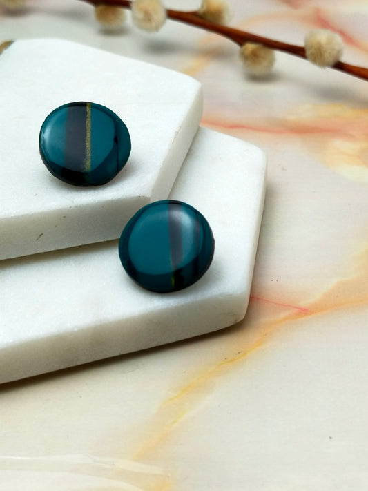 "Poppy" Green Black and Gold Circle Polymer Clay Studs Earrings