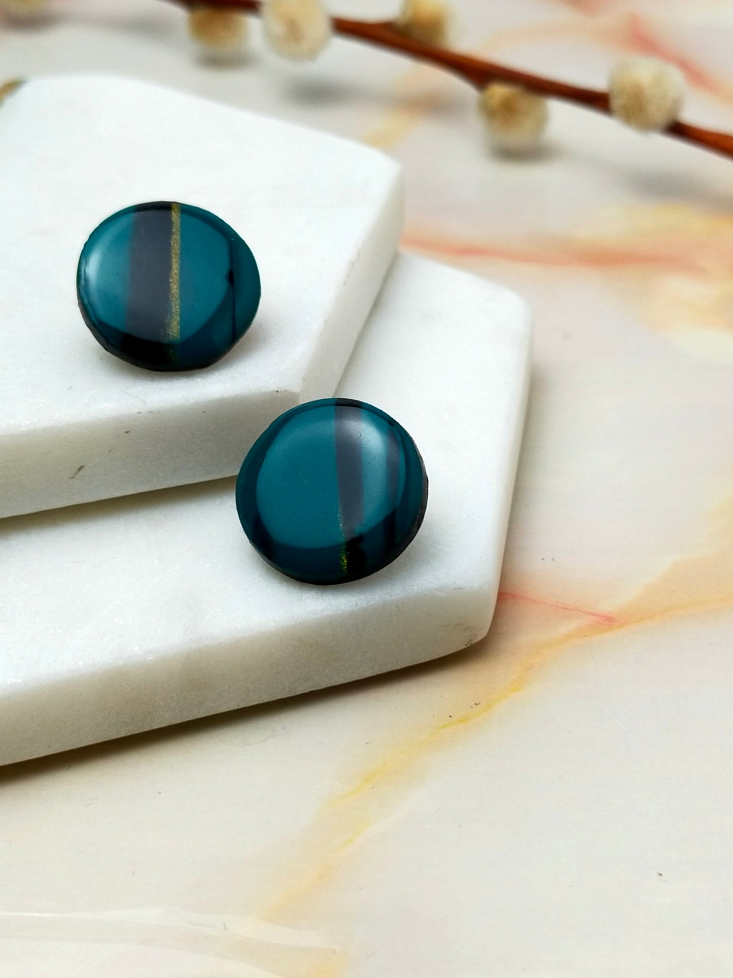 "Poppy" Green Black and Gold Circle Polymer Clay Studs Earrings