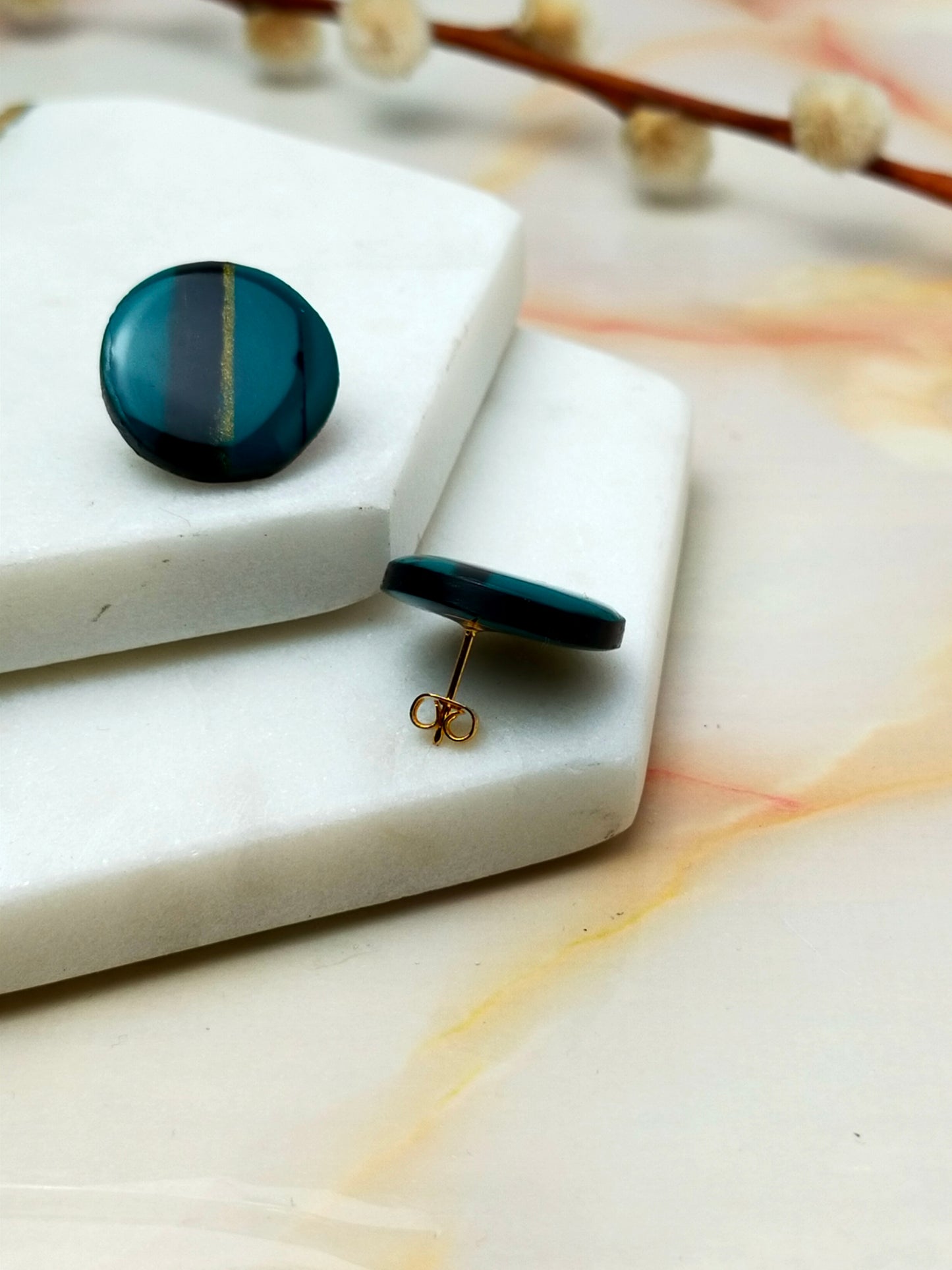 "Poppy" Green Black and Gold Circle Polymer Clay Studs Earrings