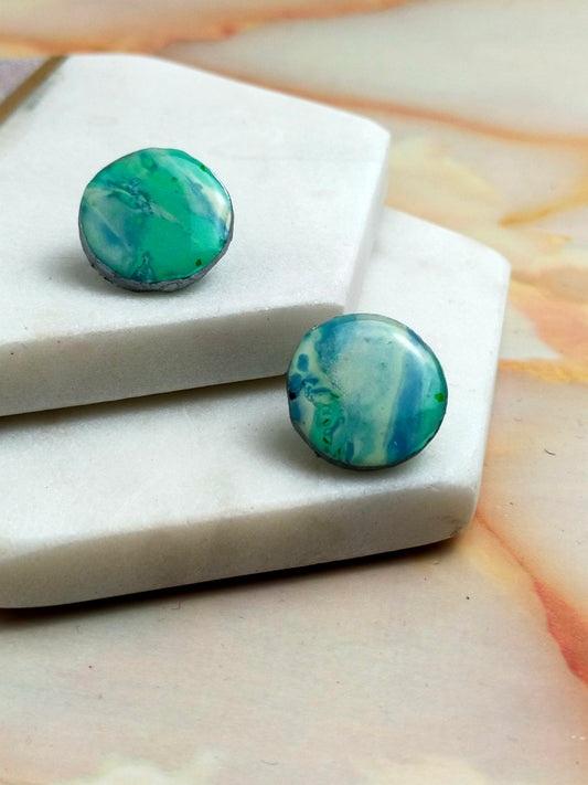 "Poppy" Green Blue Marble Circle Stud Earrings