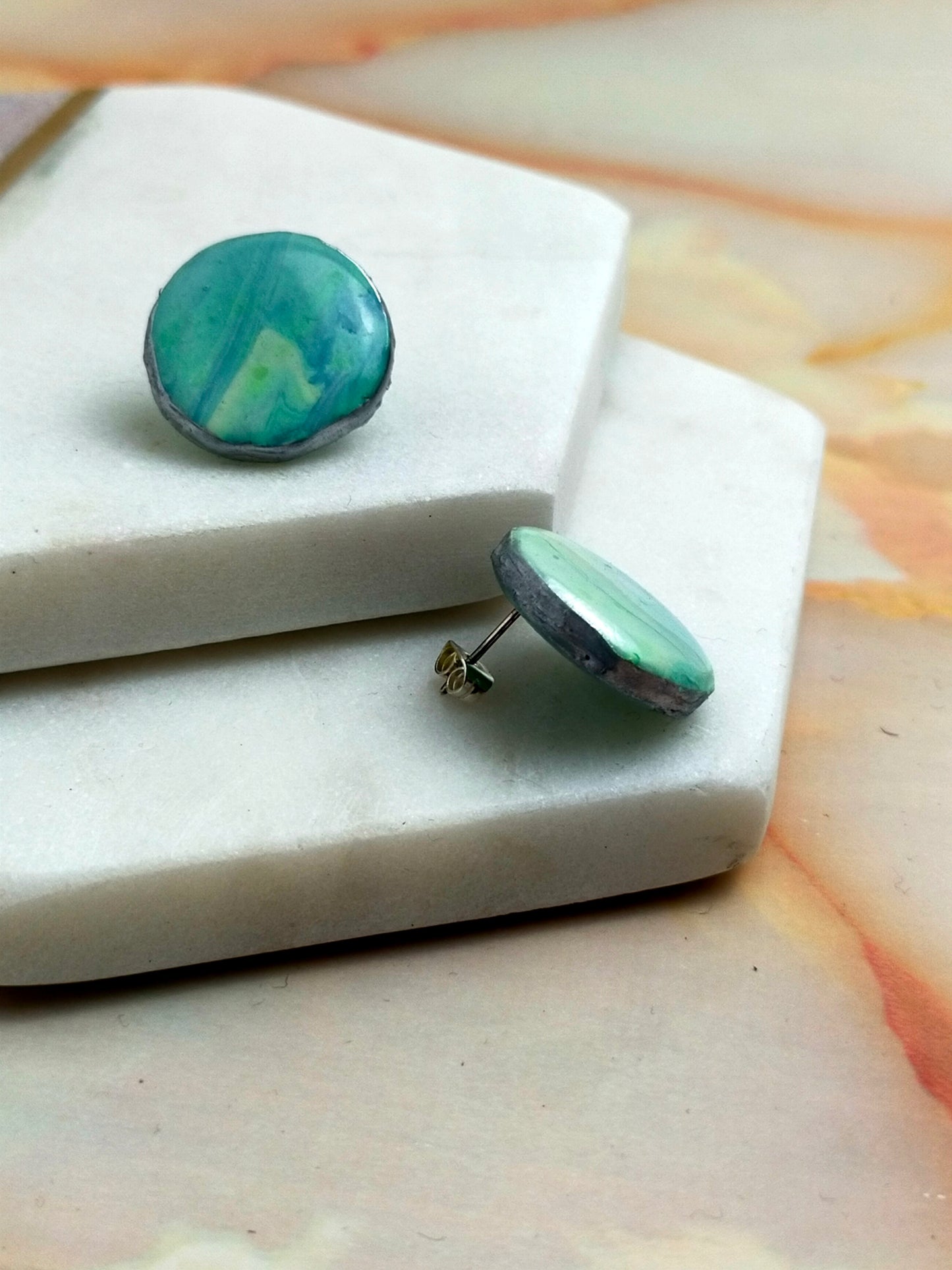 "Poppy" Green Blue Marble Circle Stud Earrings