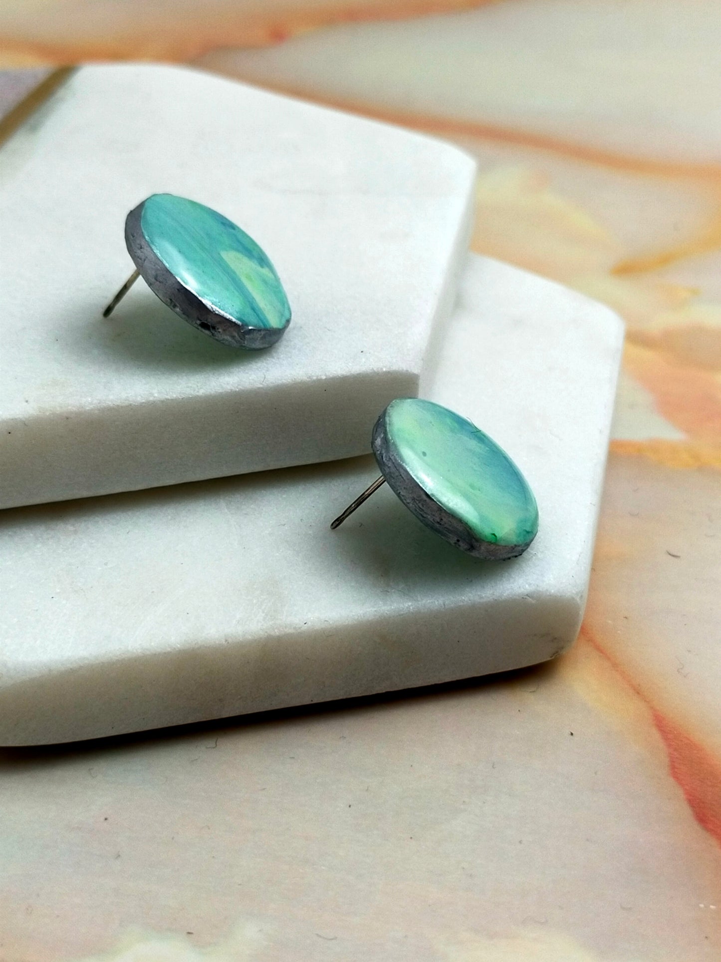 "Poppy" Green Blue Marble Circle Stud Earrings