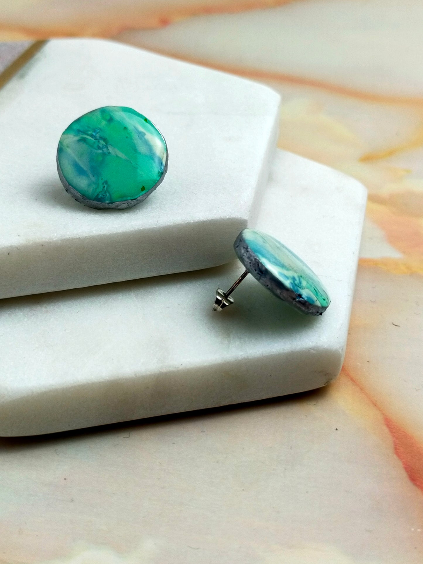 "Poppy" Green Blue Marble Circle Stud Earrings