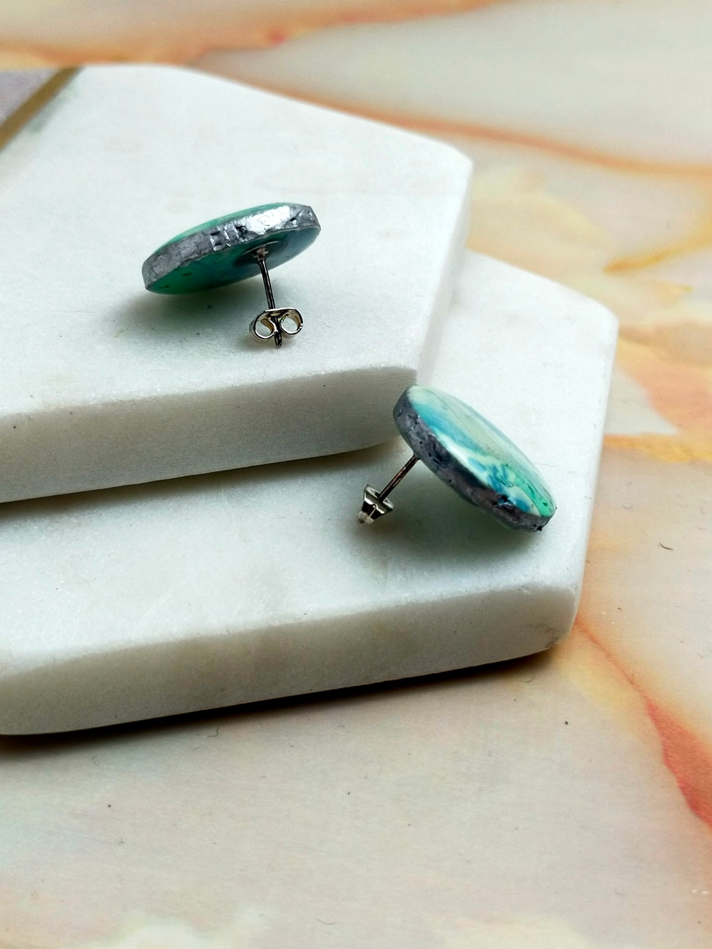 "Poppy" Green Blue Marble Circle Stud Earrings