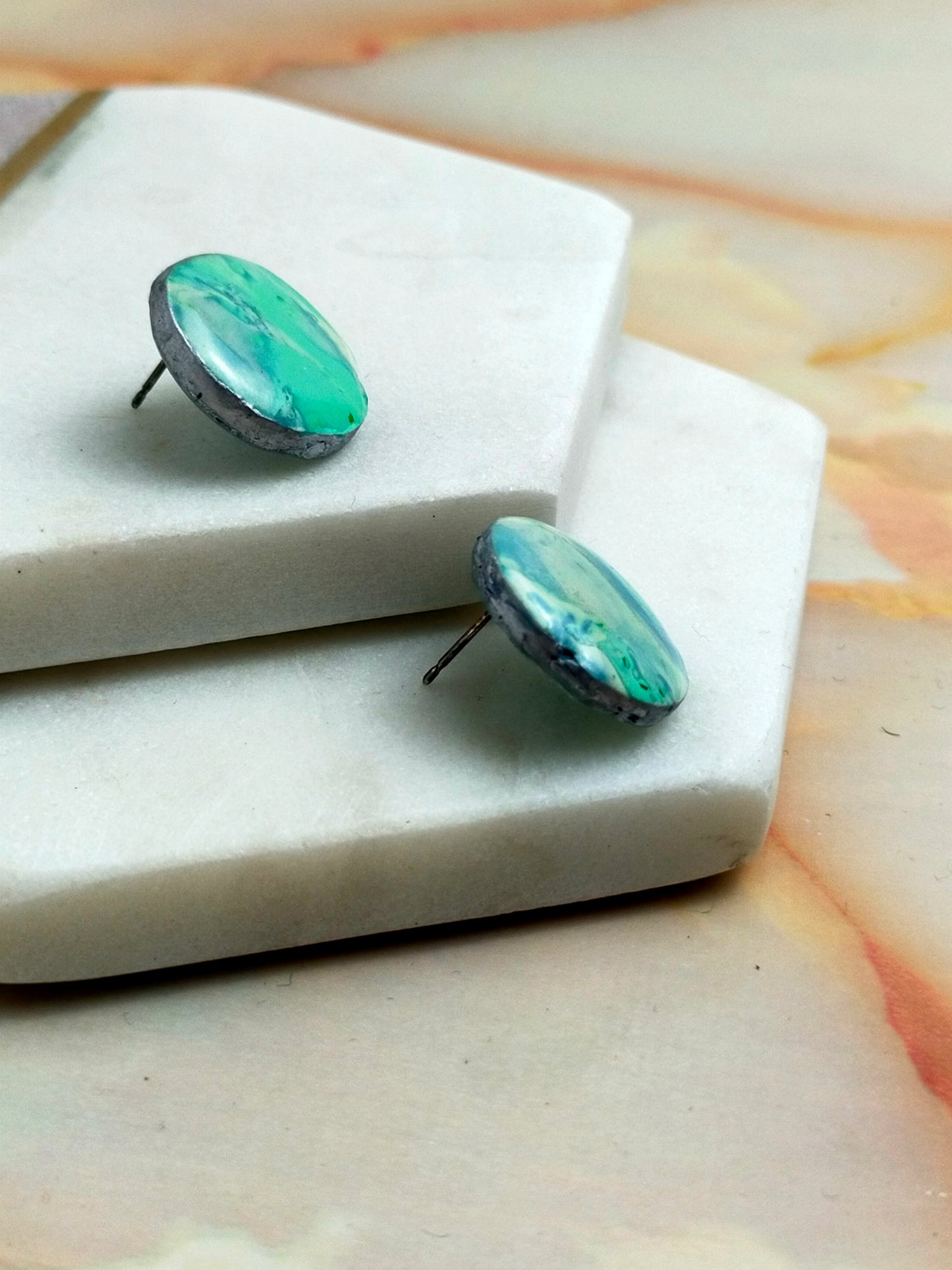 "Poppy" Green Blue Marble Circle Stud Earrings
