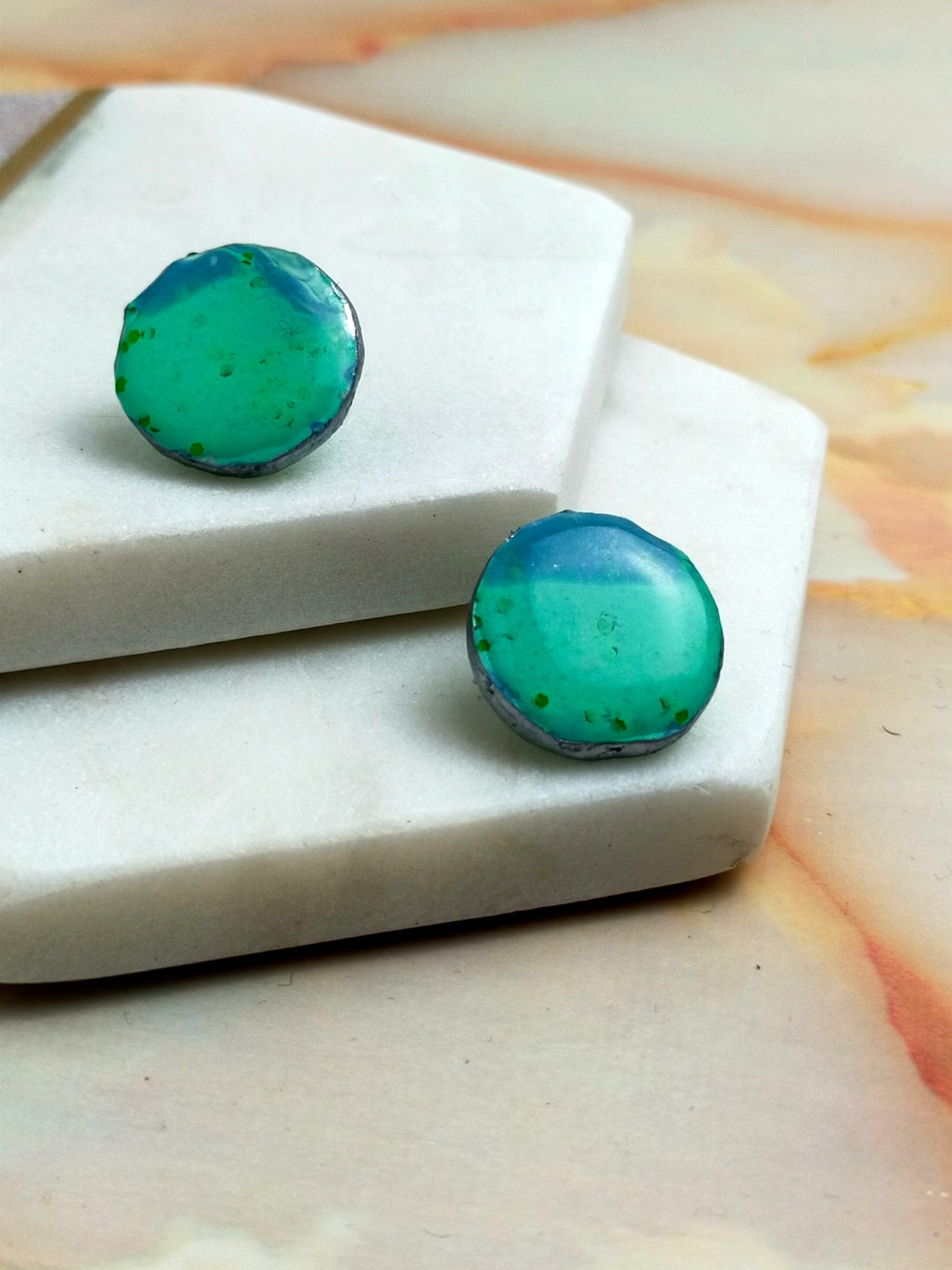 "Poppy" Green Blue Marble Circle Stud Earrings