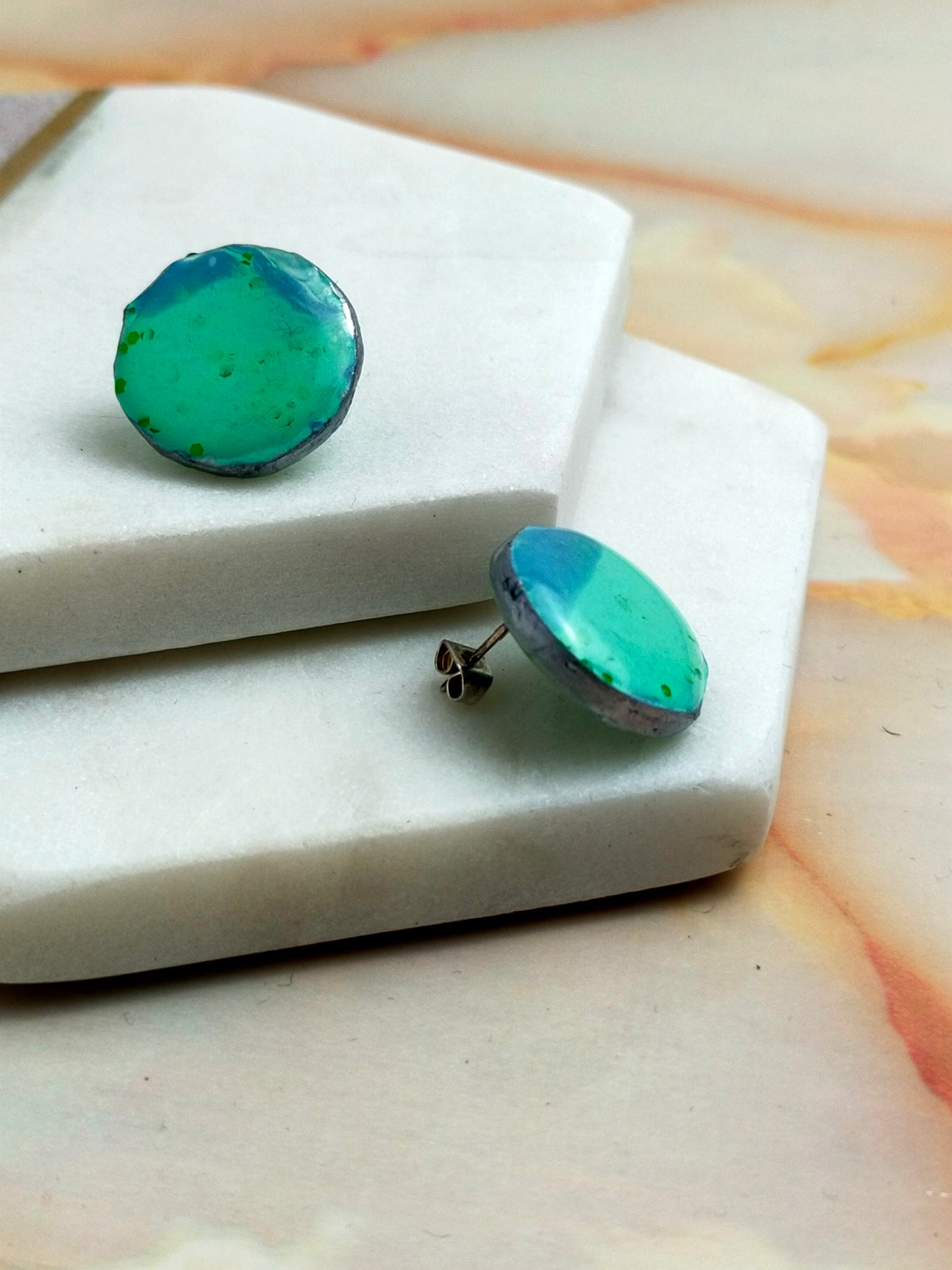"Poppy" Green Blue Marble Circle Stud Earrings